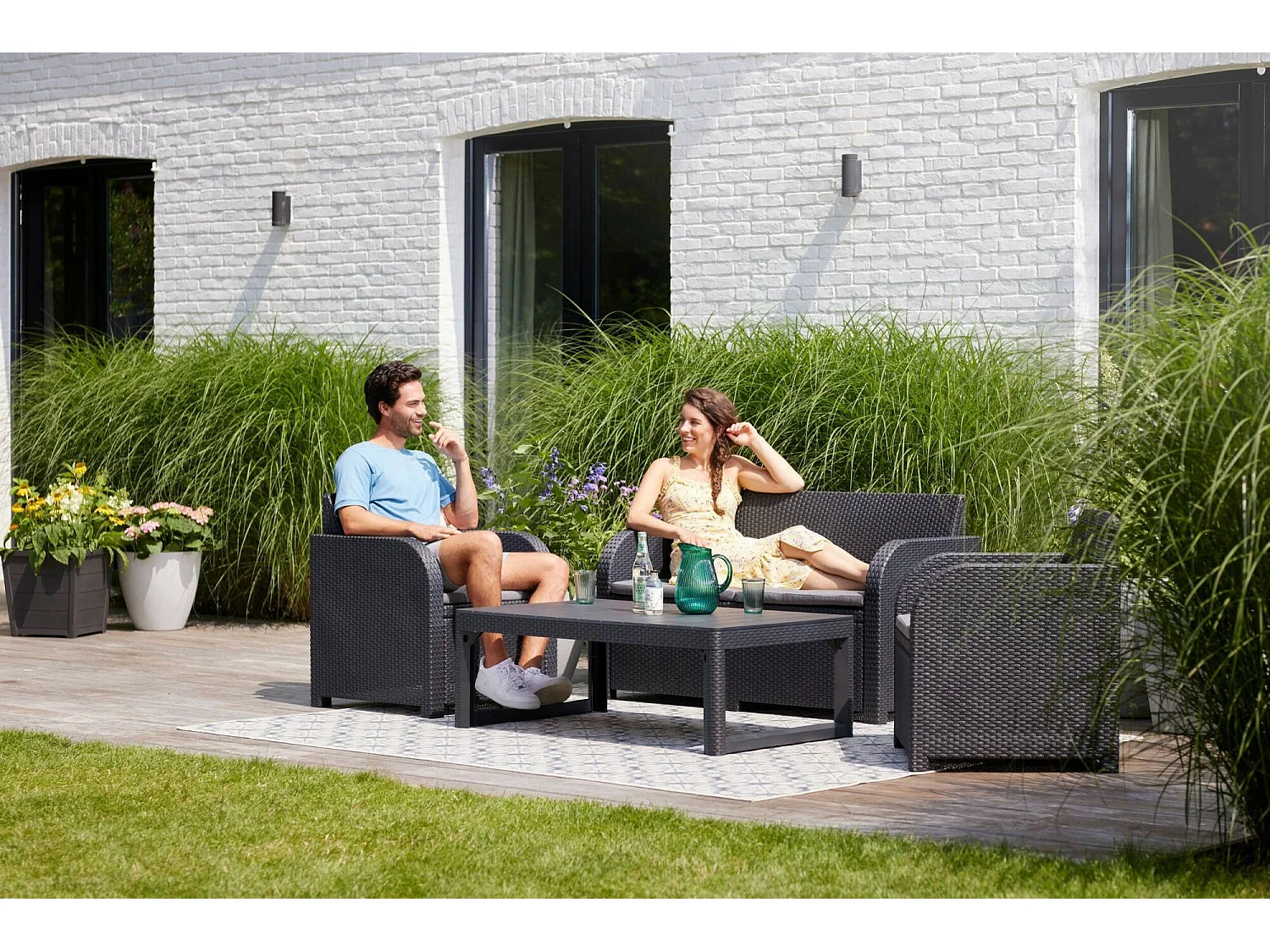 Joliette loungeset voor buiten, 3 zitplaatsen, antracietzwart, buitenlounge, met tafeltje, kussens inbegrepen