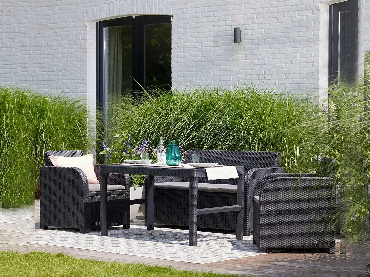 Joliette loungeset voor buiten, 3 zitplaatsen, antracietzwart, buitenlounge, met tafeltje, kussens inbegrepen