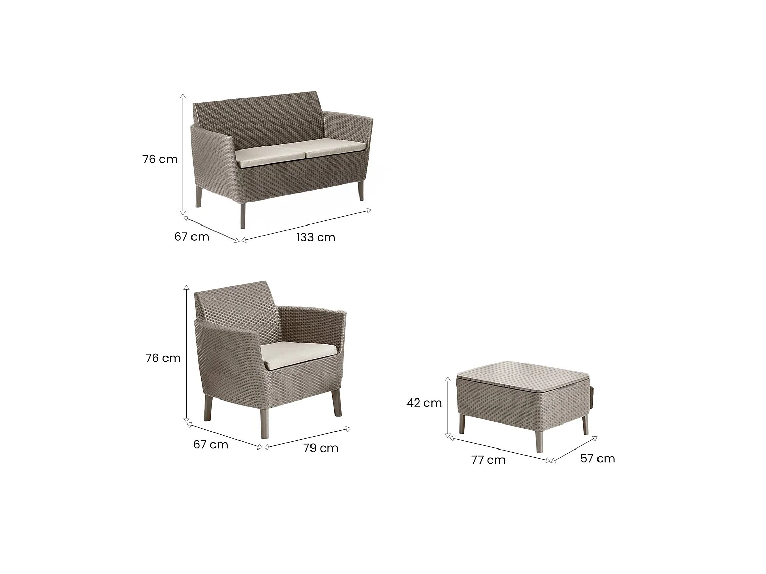 Whitby loungeset voor buiten, 3 zitplaatsen, taupegrijs, buitenzithoek, bijzettafel, tafel/bijzettafel met opbergruimte