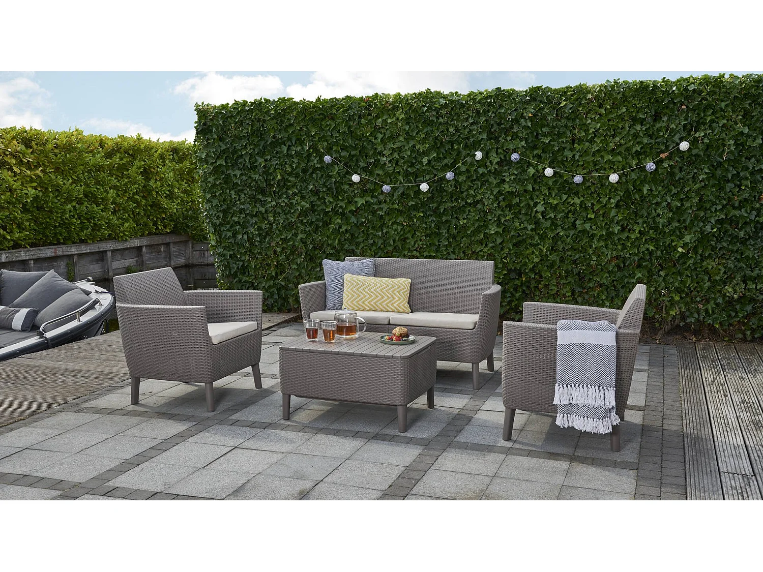 Whitby loungeset voor buiten, 3 zitplaatsen, taupegrijs, buitenzithoek, bijzettafel, tafel/bijzettafel met opbergruimte