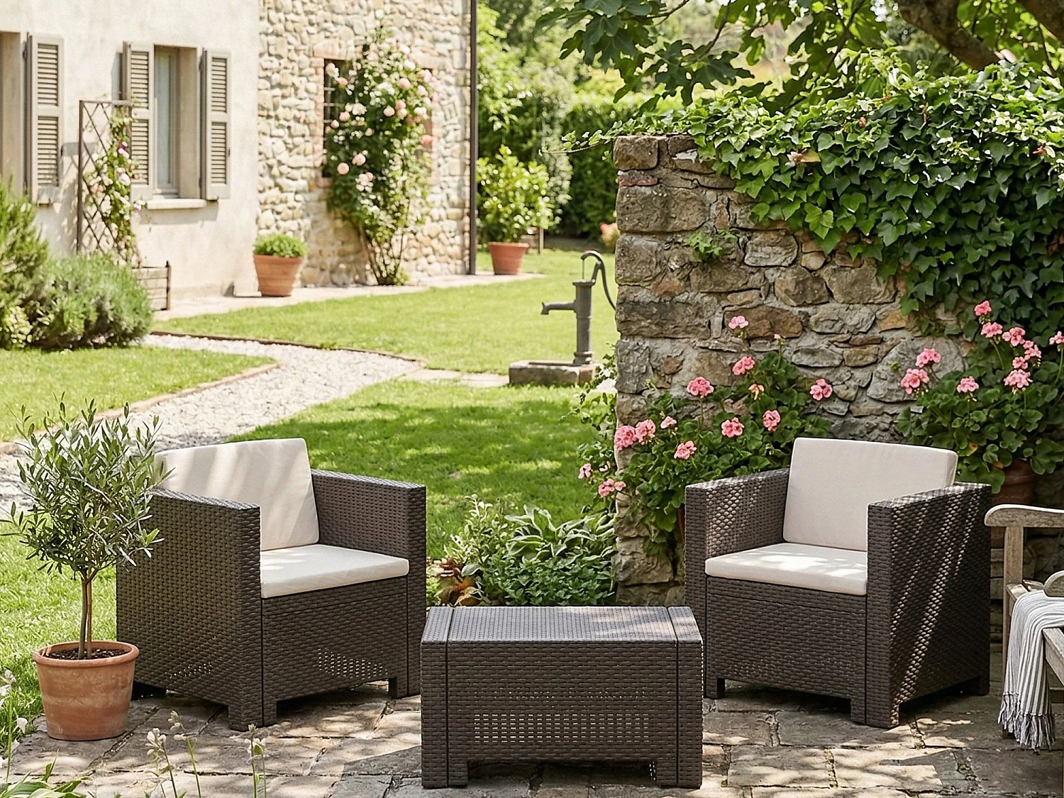Ensemble Salon Extérieur Camini, 2 Places Fabriqué en Italie, Marron, Petit Salon Outdoor