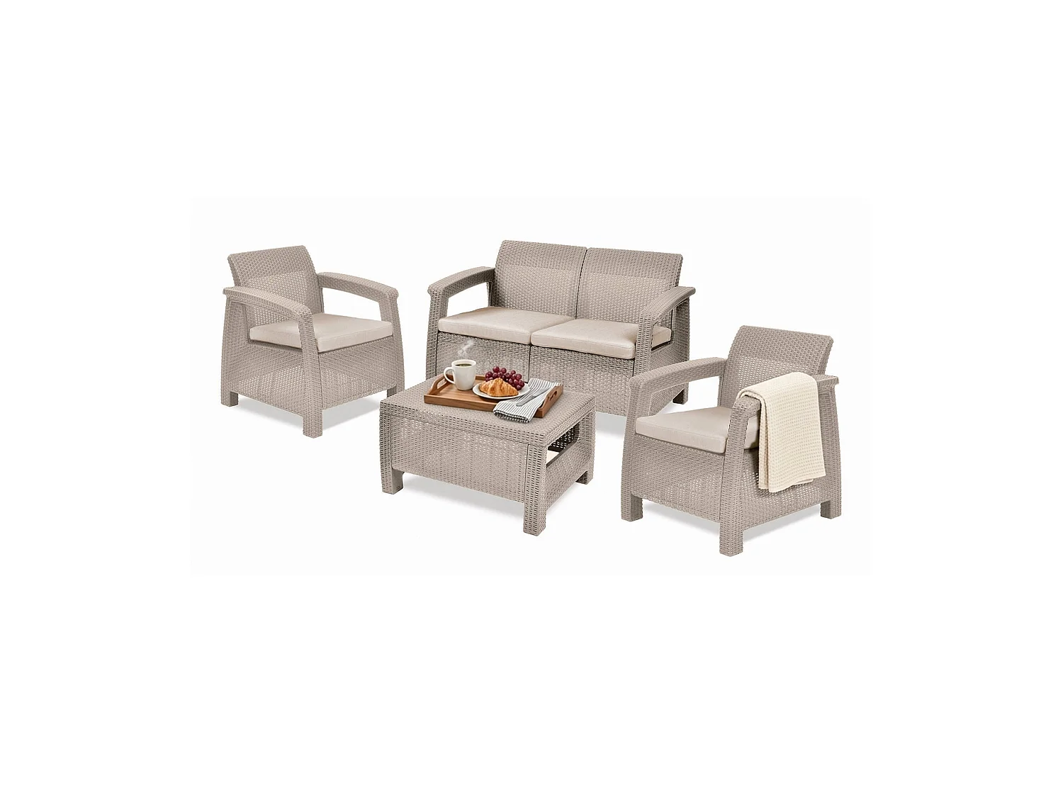 Nelson tuinloungeset, 3 zitplaatsen, beige, outdoor loungehoek, met bijzettafel, tafel/bijzettafel