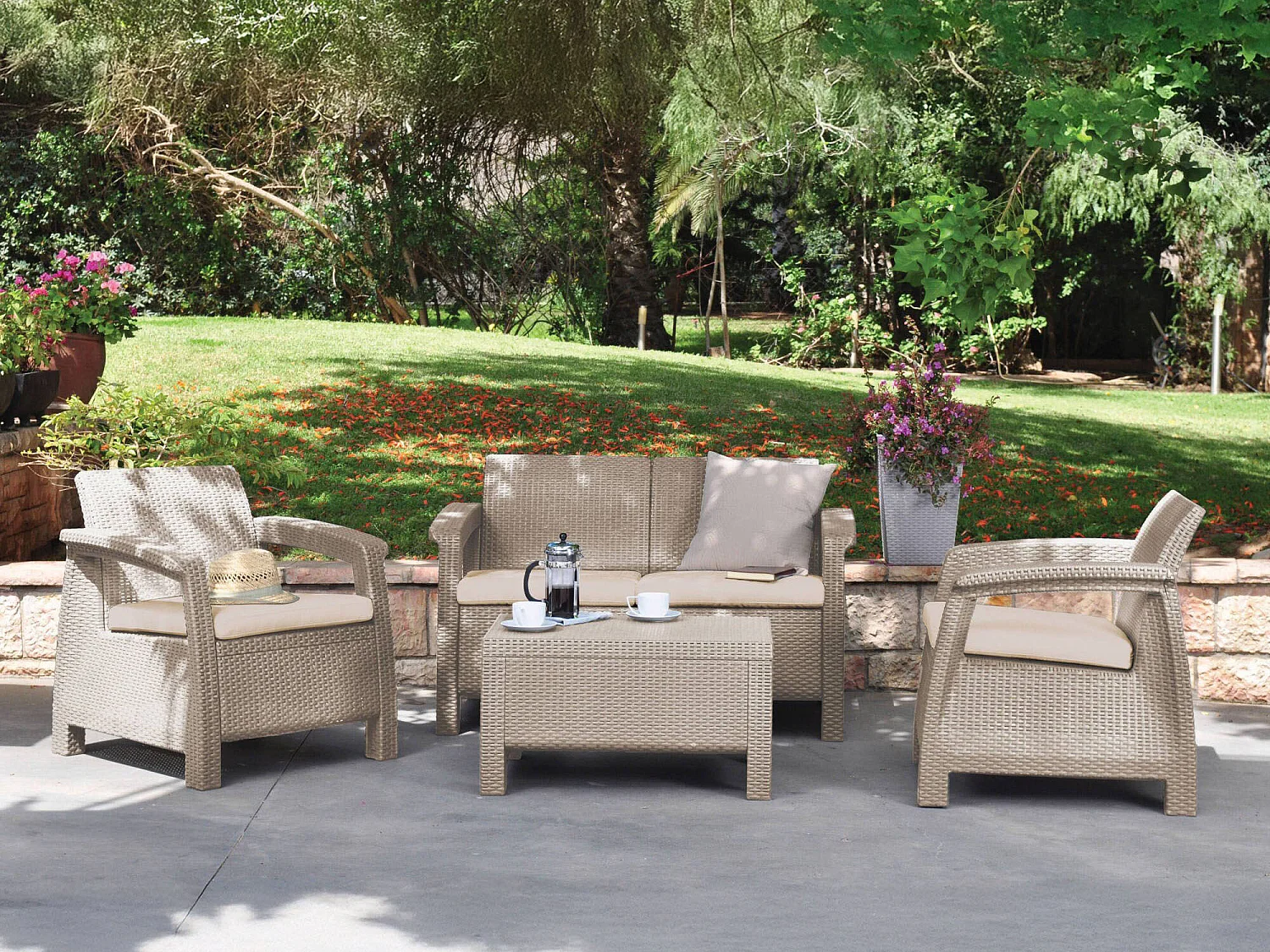 Nelson tuinloungeset, 3 zitplaatsen, beige, outdoor loungehoek, met bijzettafel, tafel/bijzettafel