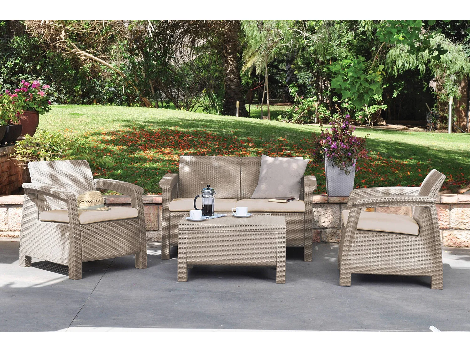 Nelson tuinloungeset, 3 zitplaatsen, beige, outdoor loungehoek, met bijzettafel, tafel/bijzettafel