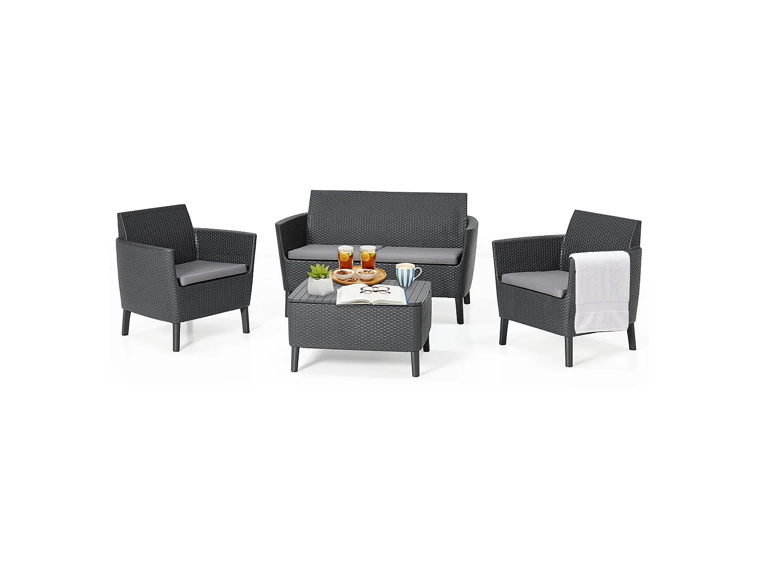 Whitby buitenloungeset, 3-zits, antracietzwart, buiten loungehoek, met bijzettafel, opbergbijzettafel