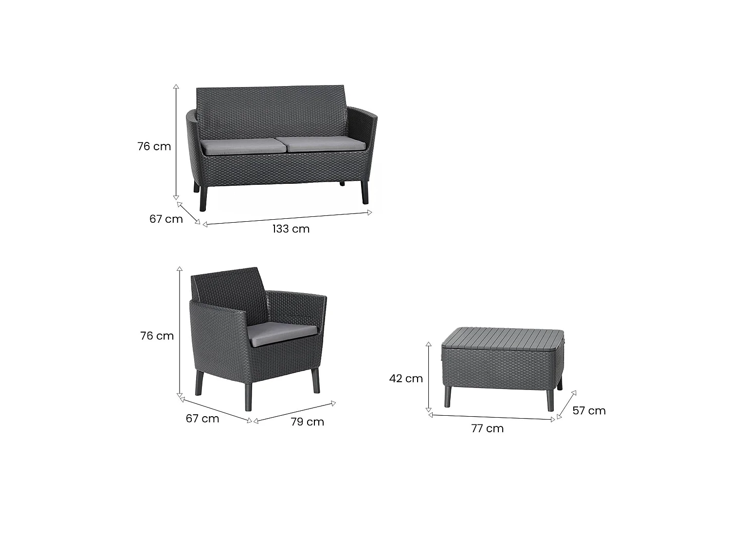Whitby buitenloungeset, 3-zits, antracietzwart, buiten loungehoek, met bijzettafel, opbergbijzettafel