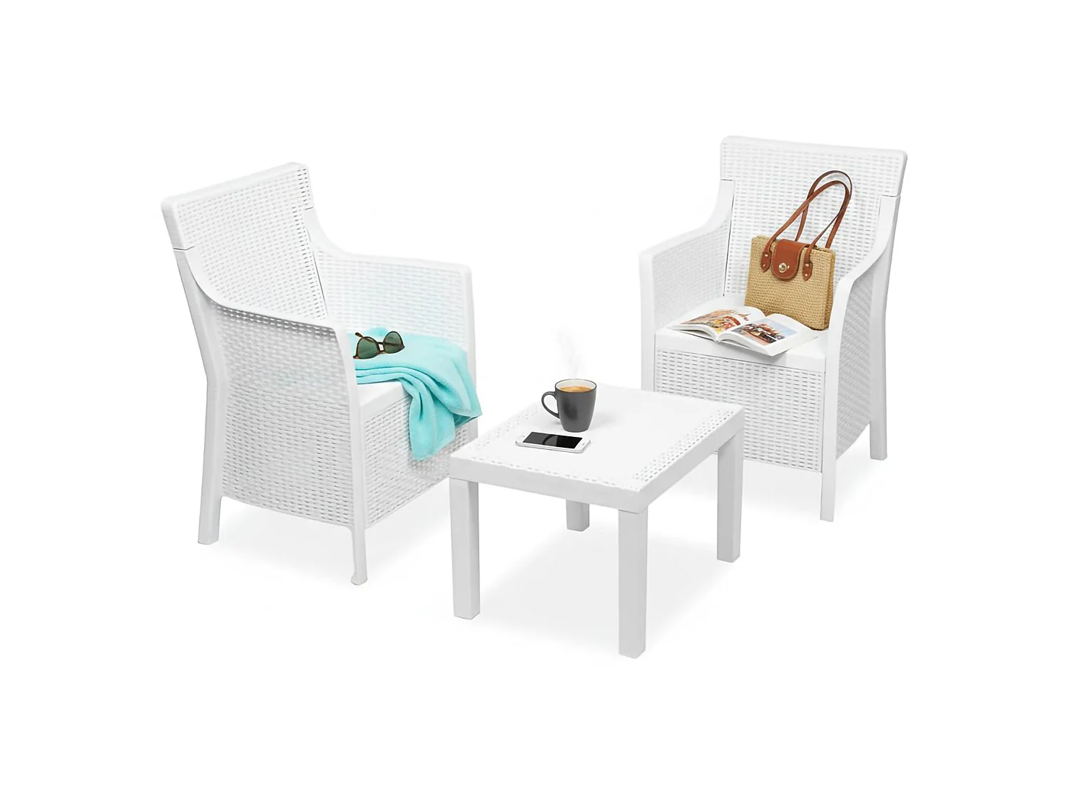 Set Salotto da Esterno Ben, 2 Posti Made in Italy, Bianco, Salottino Outdoor, un Tavolino, Finitura Effetto Rattan