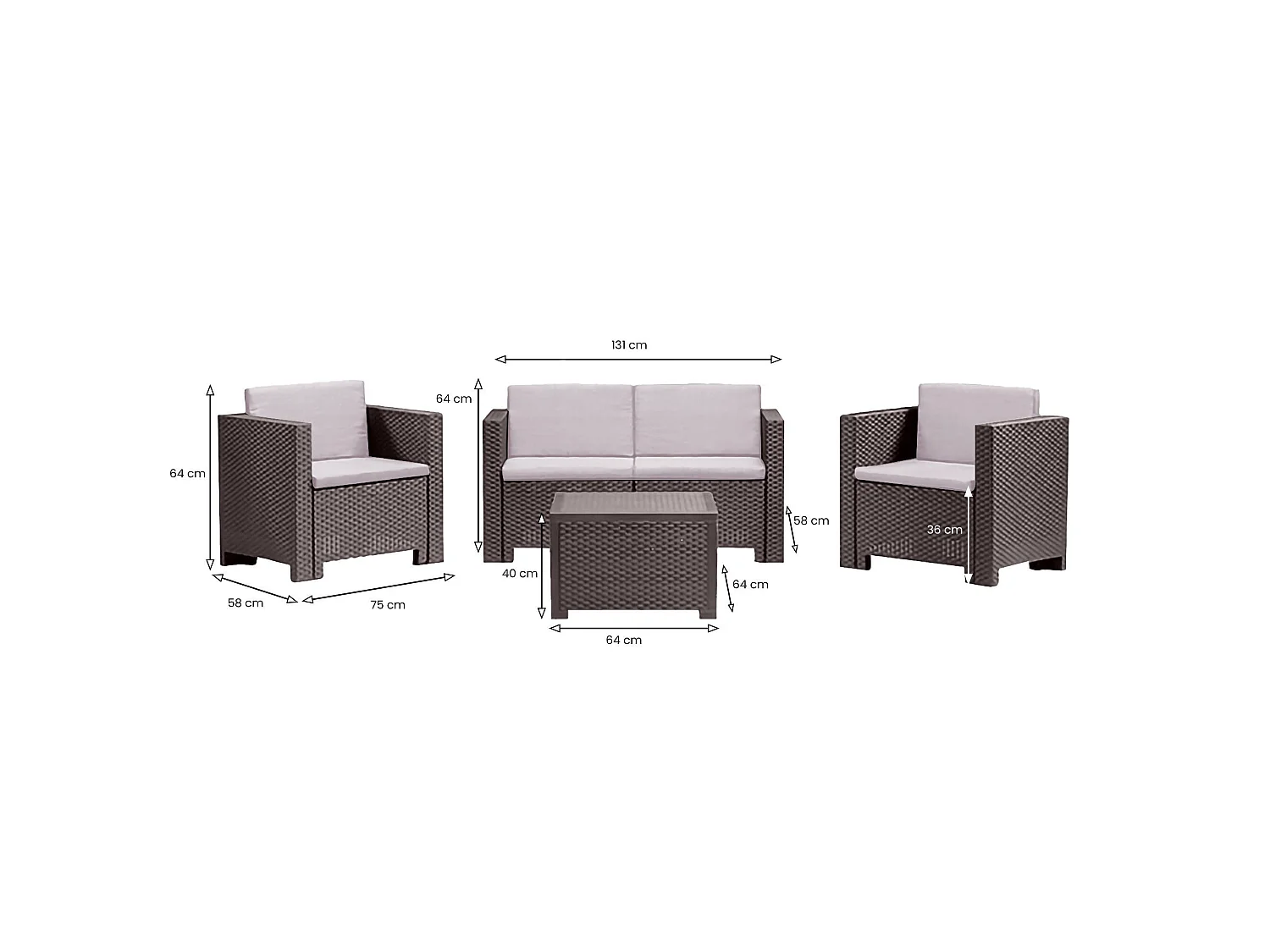 Camisano buitenlounge-set, 4 zitplaatsen, gemaakt in Italië, bruin, loungeset met tafeltje, waterdicht