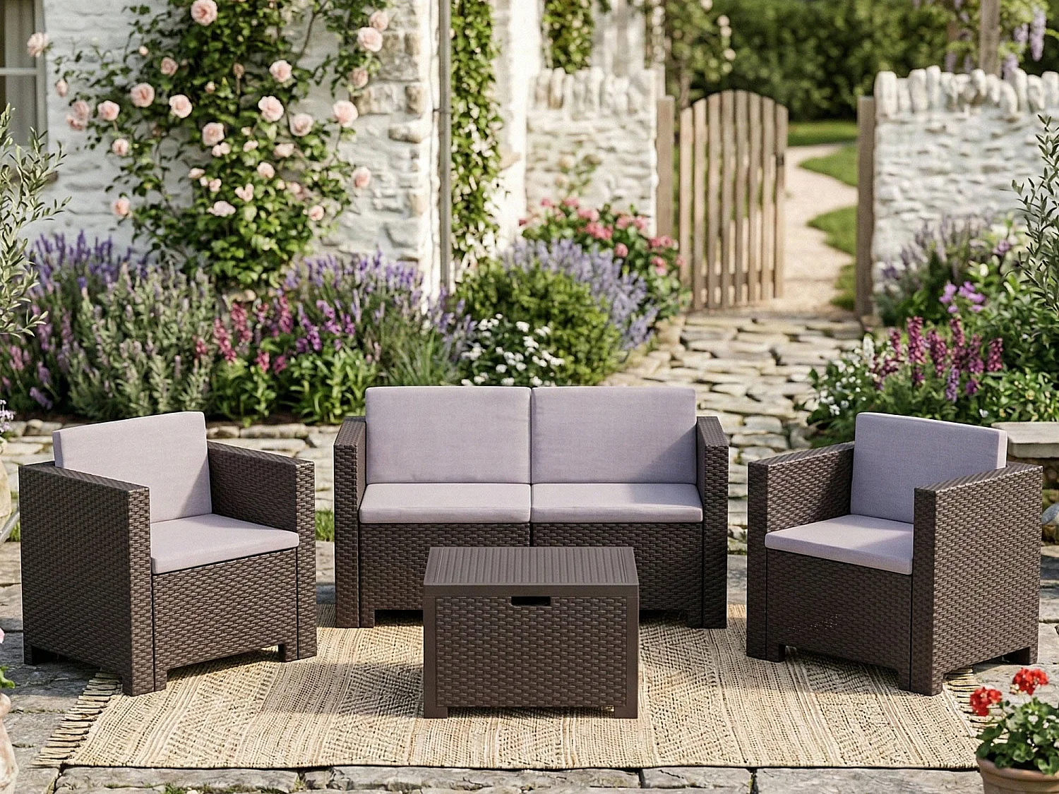 Camisano buitenlounge-set, 4 zitplaatsen, gemaakt in Italië, bruin, loungeset met tafeltje, waterdicht