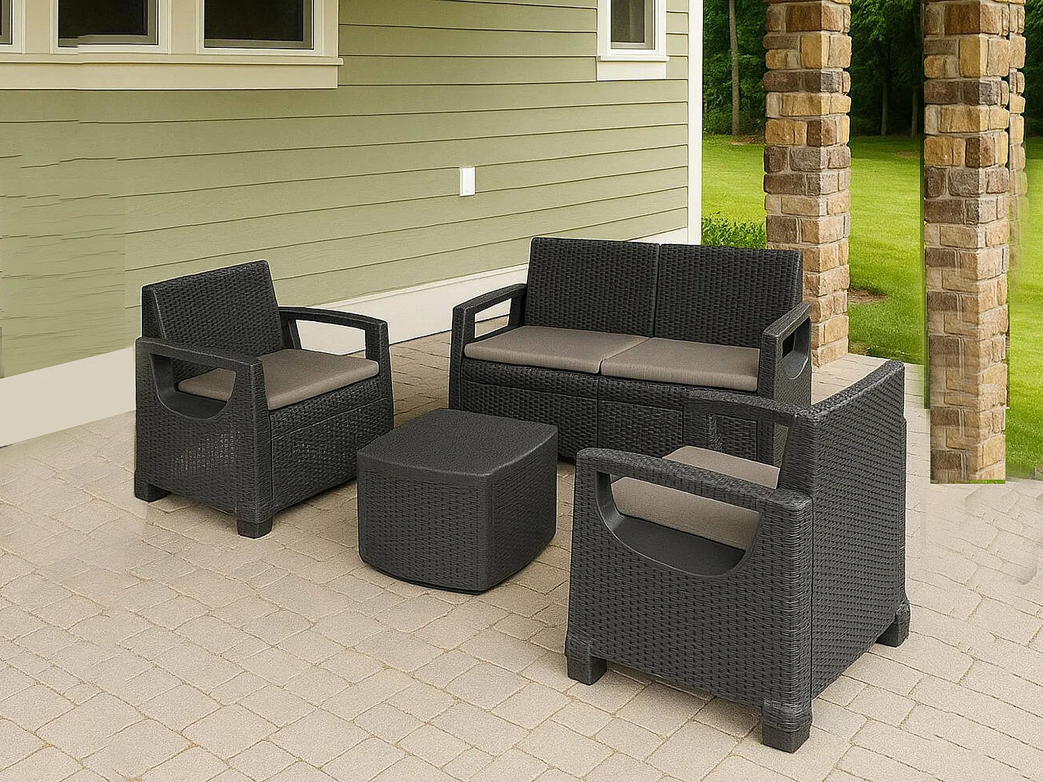 Salon de Jardin Triulzi, 4 Places Made in Italy, Gris Anthracite, Salon Extérieur