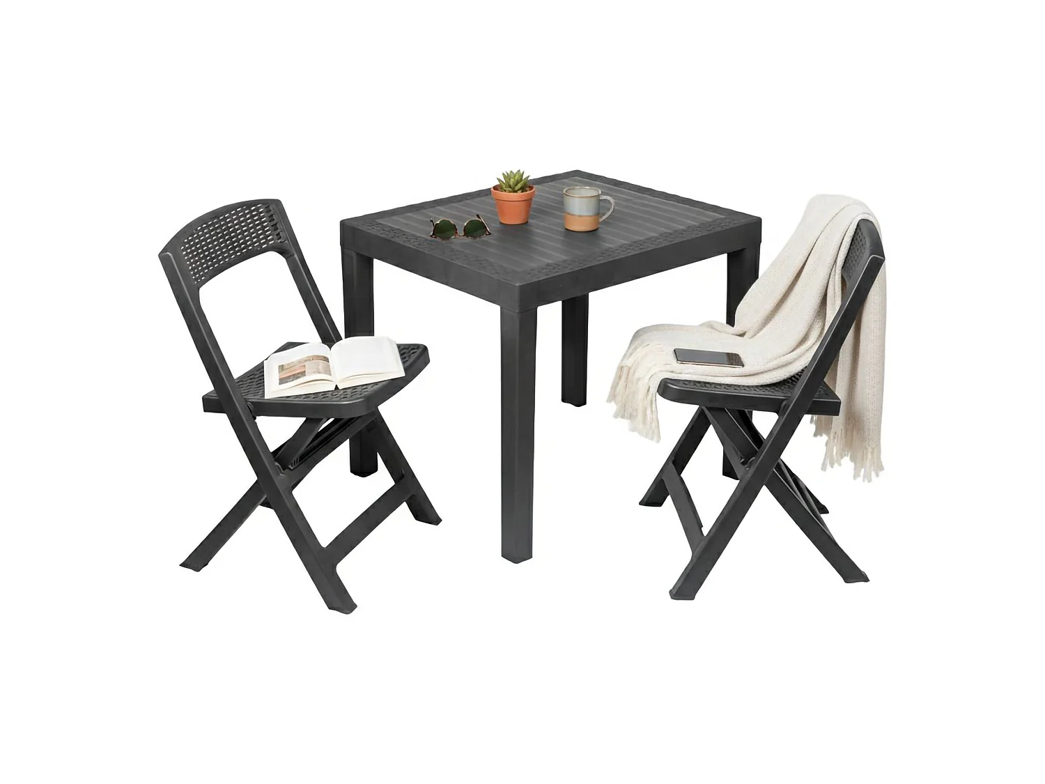 Set Salotto da Esterno Corinth, 2 Posti Made in Italy, Nero Antracite, Salottino Outdoor, un Tavolino, Tavolo Tavolo Rettangolare