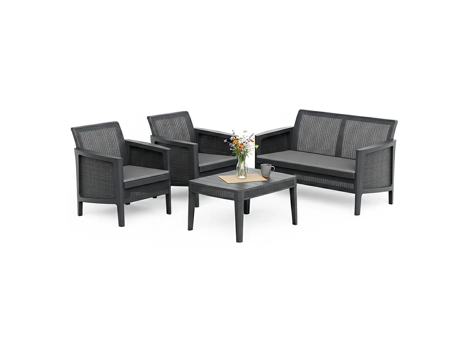 Set Salotto da Esterno Geneva, 4 Posti, Nero Antracite, Salottino Outdoor, Resistenti ai Raggi uv, un Tavolino