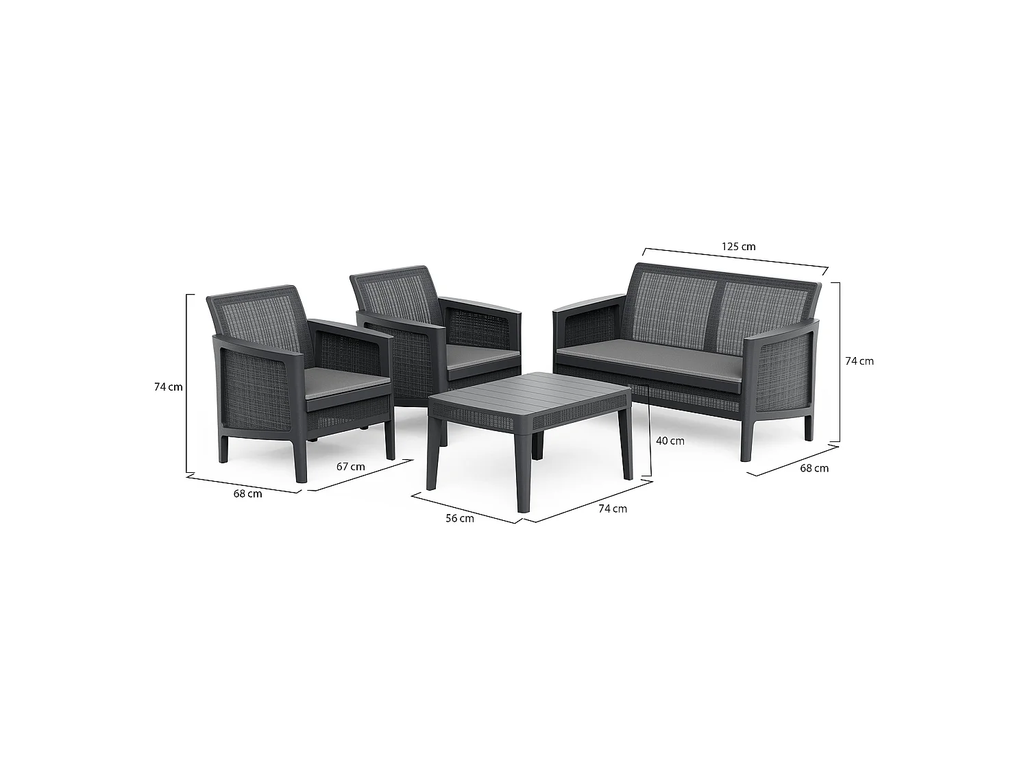 Set Salotto da Esterno Geneva, 4 Posti, Nero Antracite, Salottino Outdoor, Resistenti ai Raggi uv, un Tavolino