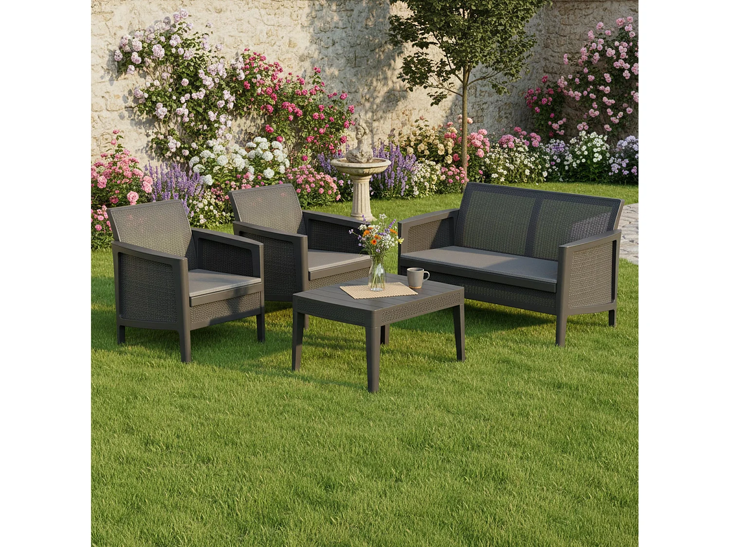 Set Salotto da Esterno Geneva, 4 Posti, Nero Antracite, Salottino Outdoor, Resistenti ai Raggi uv, un Tavolino
