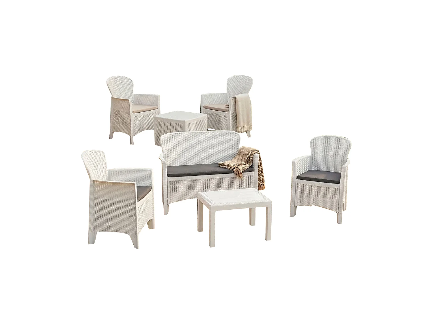 Set Salotto da Esterno Dervio, 6 Posti Made in Italy, Bianco, Salottino Outdoor, 2 Tavolini, Impermeabile Idrorepellente