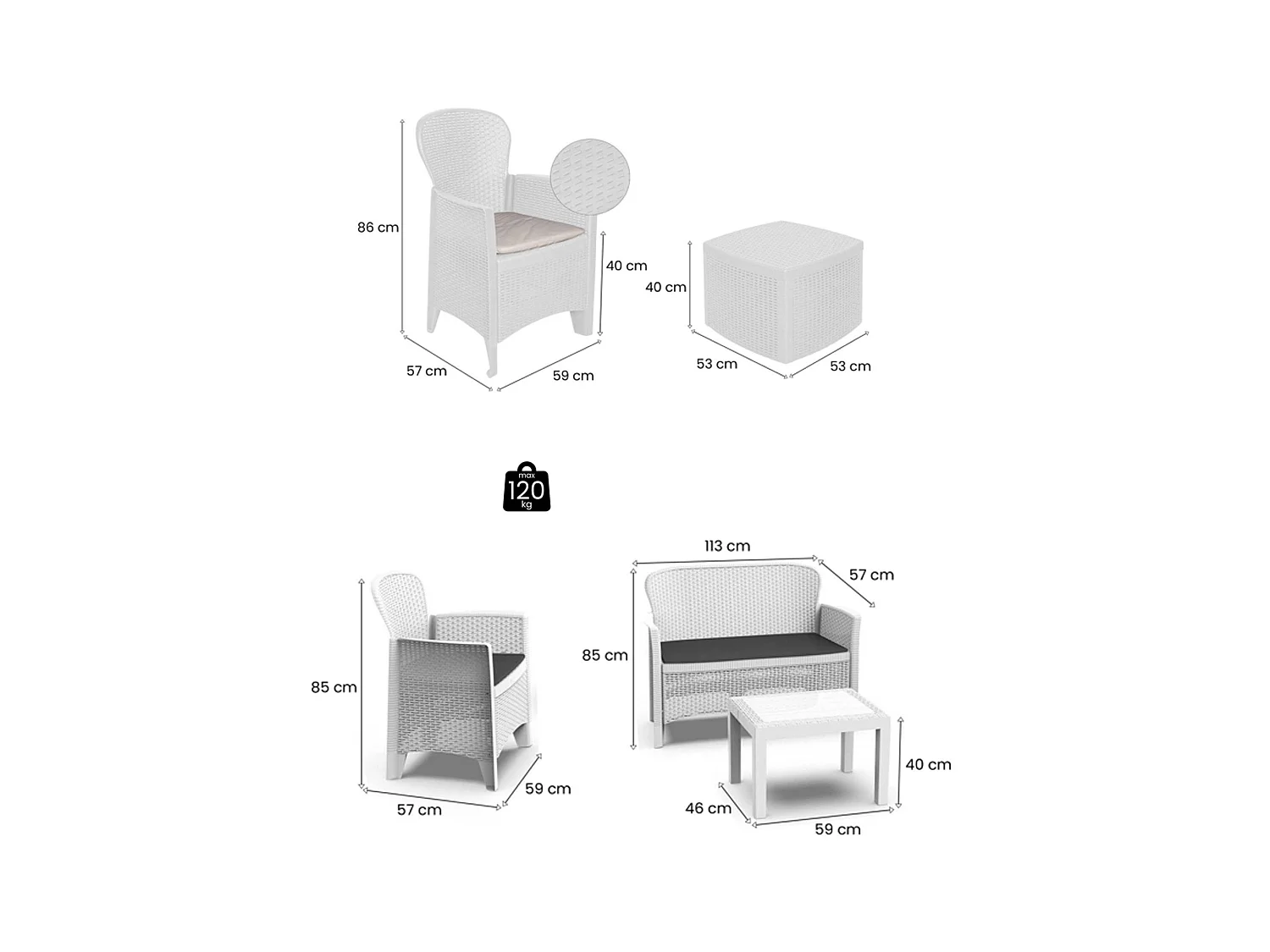 Set Salotto da Esterno Dervio, 6 Posti Made in Italy, Bianco, Salottino Outdoor, 2 Tavolini, Impermeabile Idrorepellente