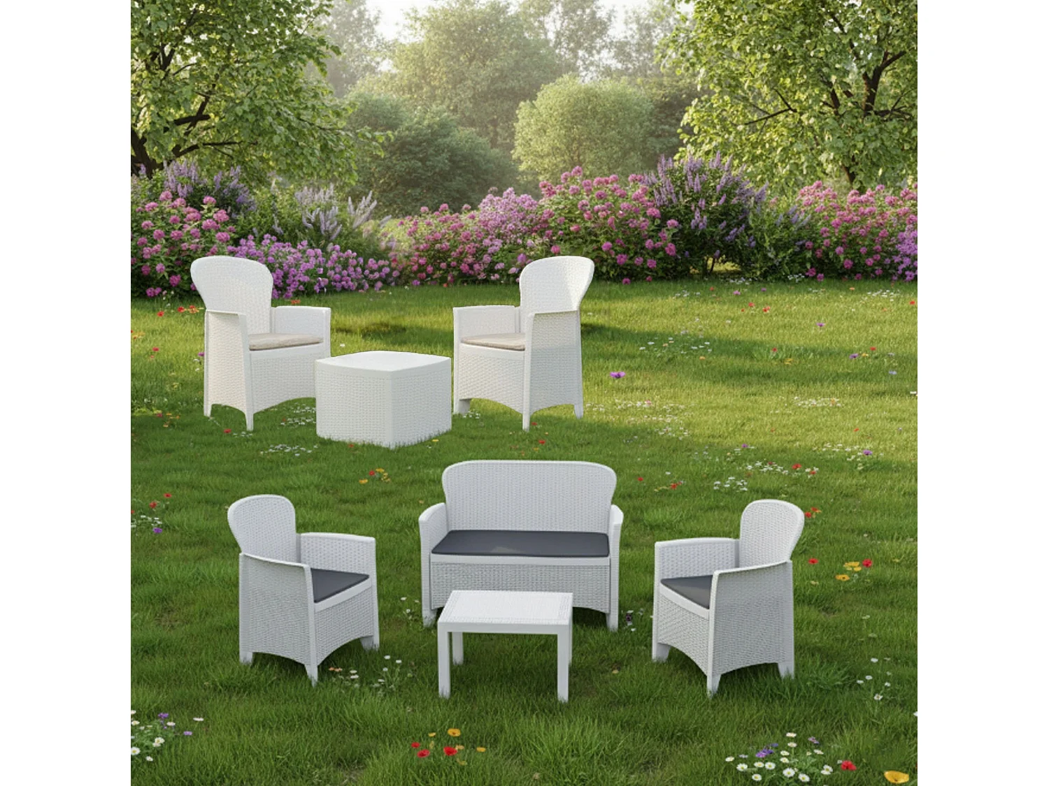 Set Salotto da Esterno Dervio, 6 Posti Made in Italy, Bianco, Salottino Outdoor, 2 Tavolini, Impermeabile Idrorepellente
