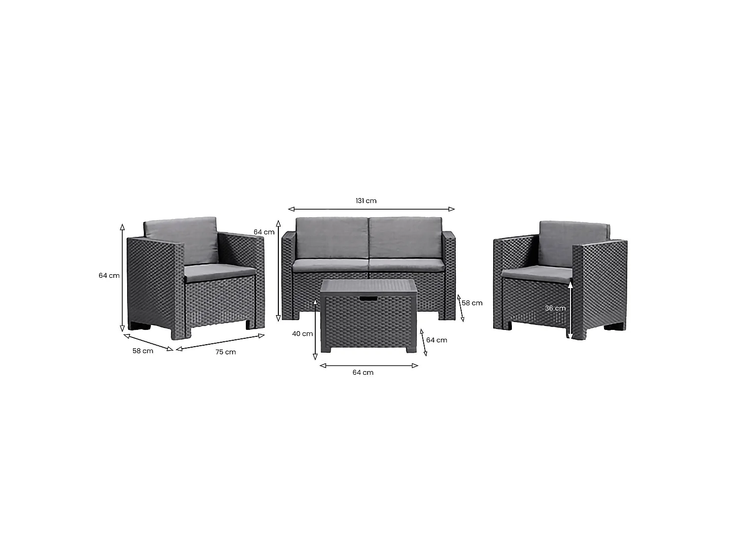 Salon de jardin Camisano, 4 places Made in Italy, noir anthracite, ensemble extérieur