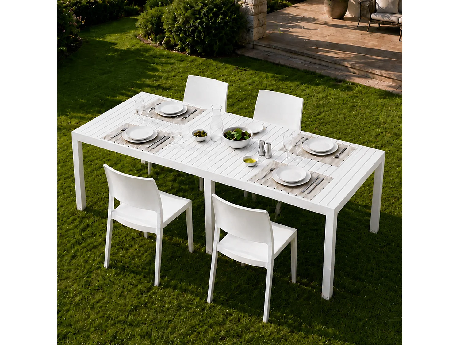Set Salon de Jardin Masisanno, 4 Places Fabriqué en Italie, Blanc, Salon Extérieur, Table Extensible, Finition Effet Lames