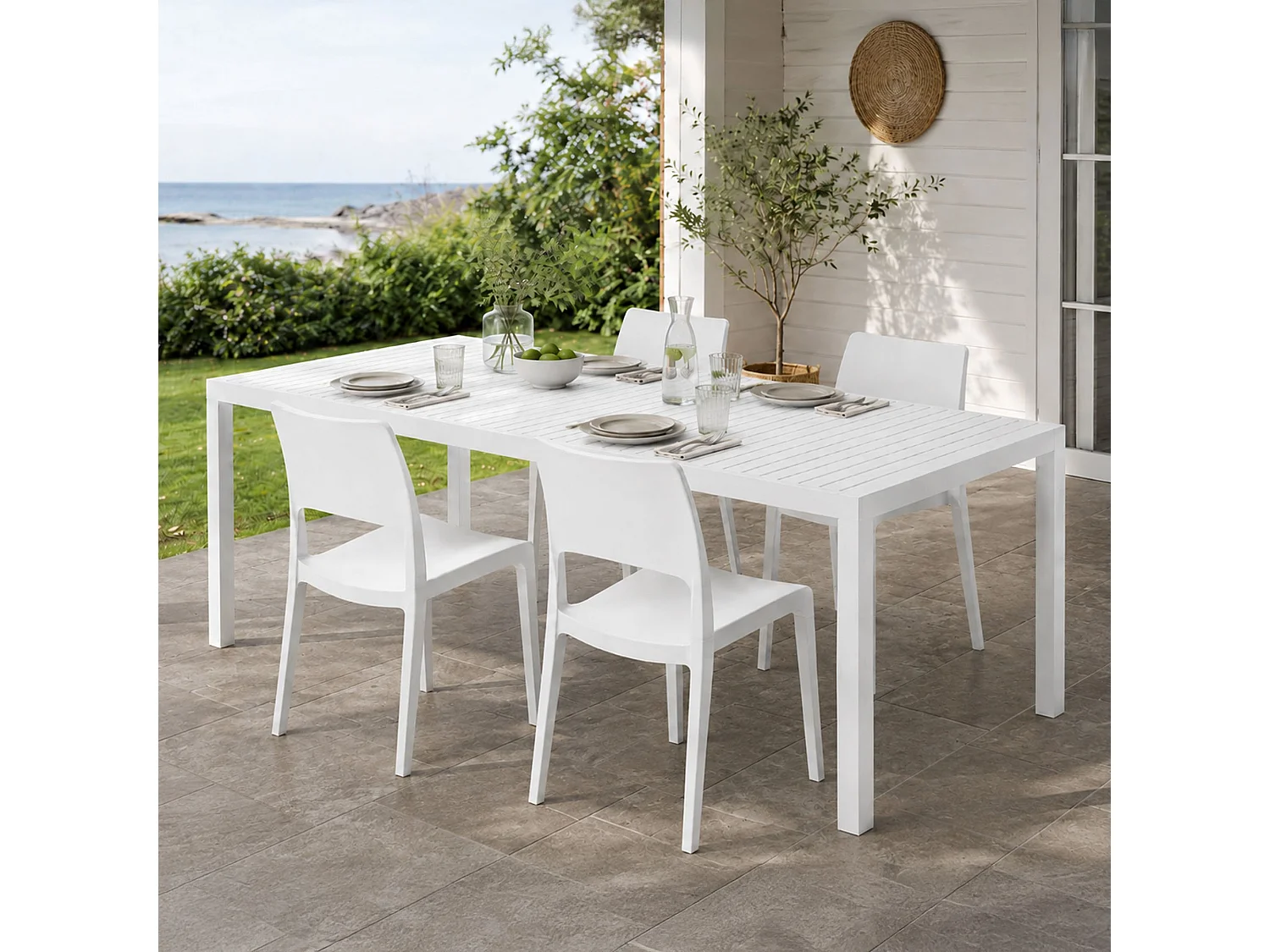 Set Salon de Jardin Masisanno, 4 Places Fabriqué en Italie, Blanc, Salon Extérieur, Table Extensible, Finition Effet Lames