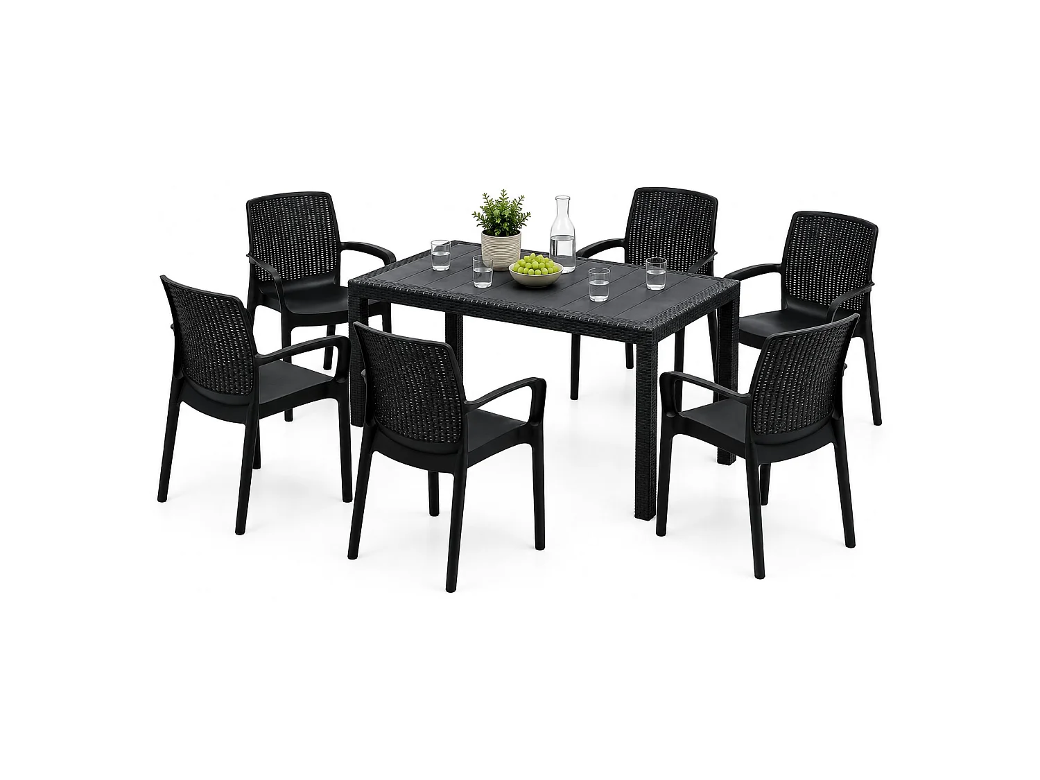 Set Salotto da Esterno Matarene, 6 Posti Made in Italy, Nero Antracite, Salottino Outdoor, un Tavolino, Impermeabile Idrorepellente
