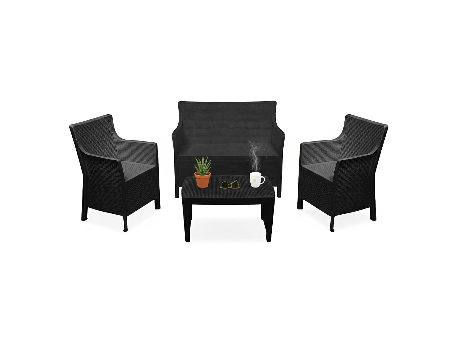Set Salotto da Esterno Lasca, 4 Posti Made in Italy, Nero Antracite, Salottino Outdoor, un Tavolino, Tavolo Tavolino Rettangolare