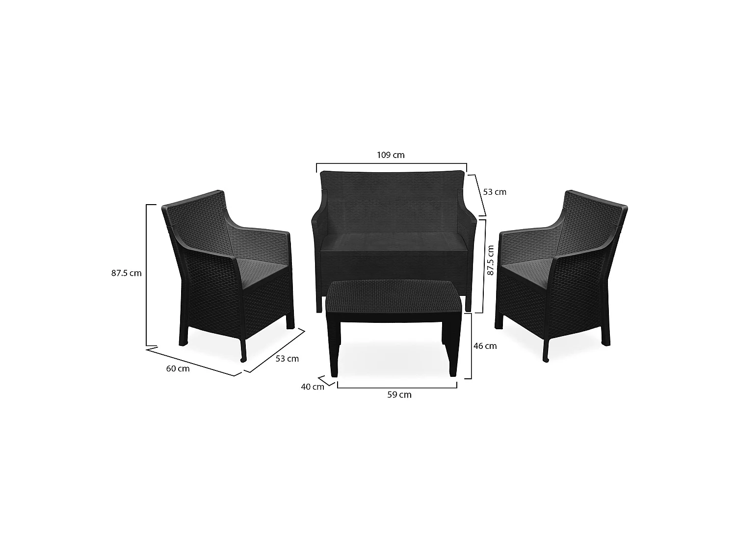 Set Salotto da Esterno Lasca, 4 Posti Made in Italy, Nero Antracite, Salottino Outdoor, un Tavolino, Tavolo Tavolino Rettangolare