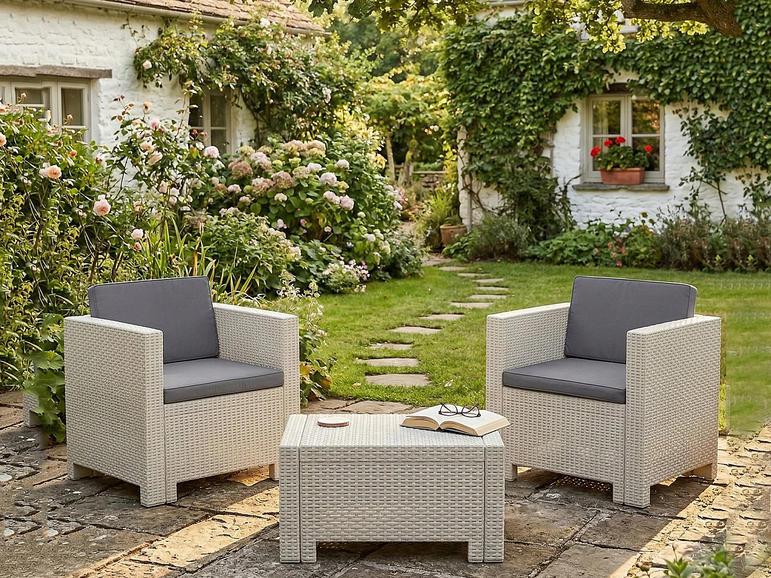 Salon de Jardin Cheminées, 2 Places Made in Italy, Blanc, Salon Extérieur