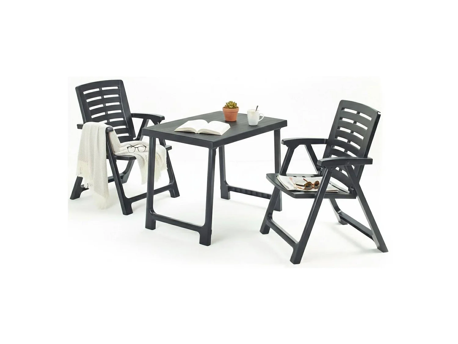 Set Salotto da Esterno Lithia, 2 Posti Made in Italy, Nero Antracite, Salottino Outdoor, un Tavolino, set da Campeggio Bistrot