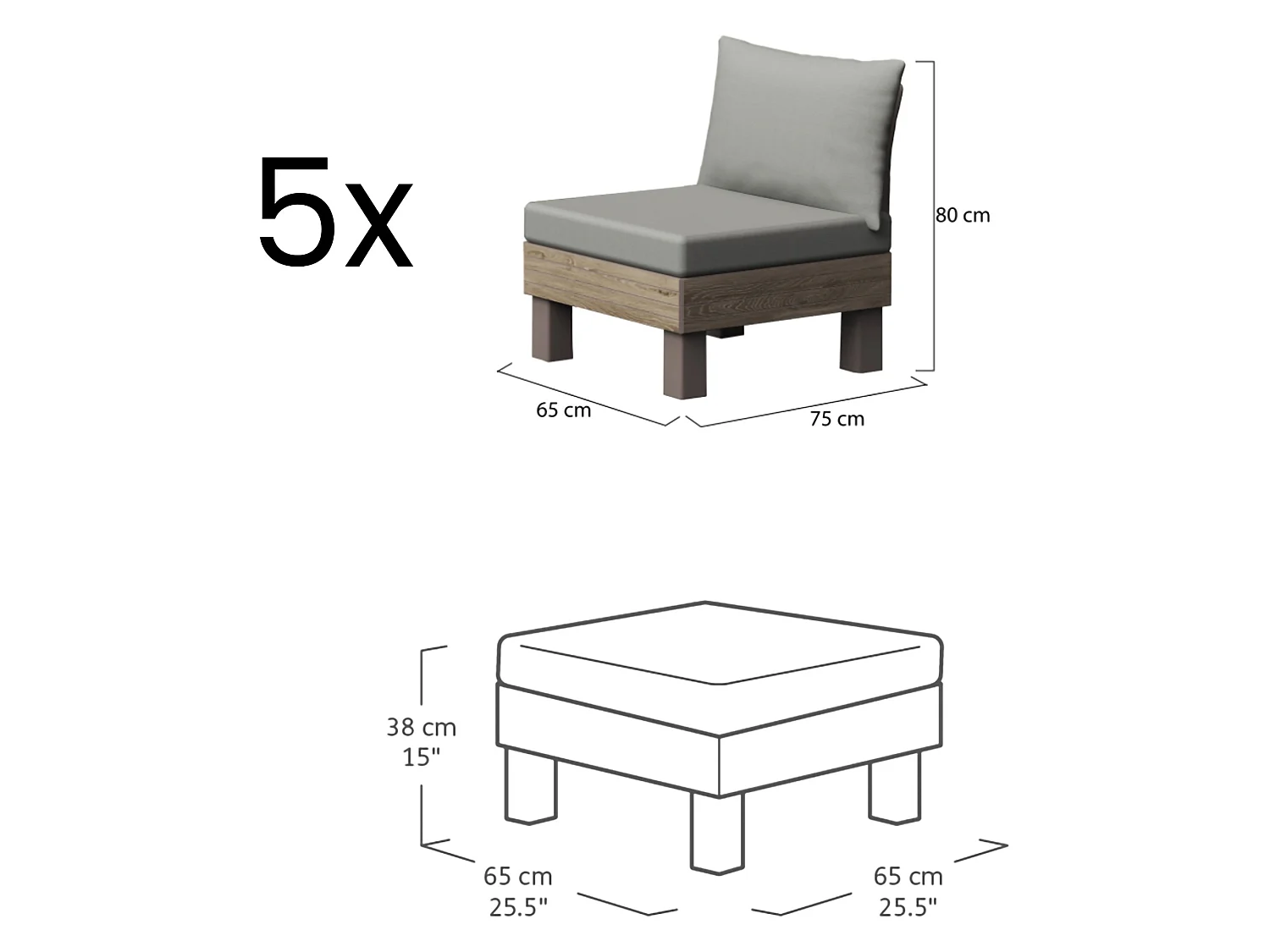 Set Salotto da Esterno Kendrick, 5 Posti, Marrone Noce, Salottino Outdoor, Componibile Modulabile Resistente ai Raggi uv Impermeabile, un Tavolino