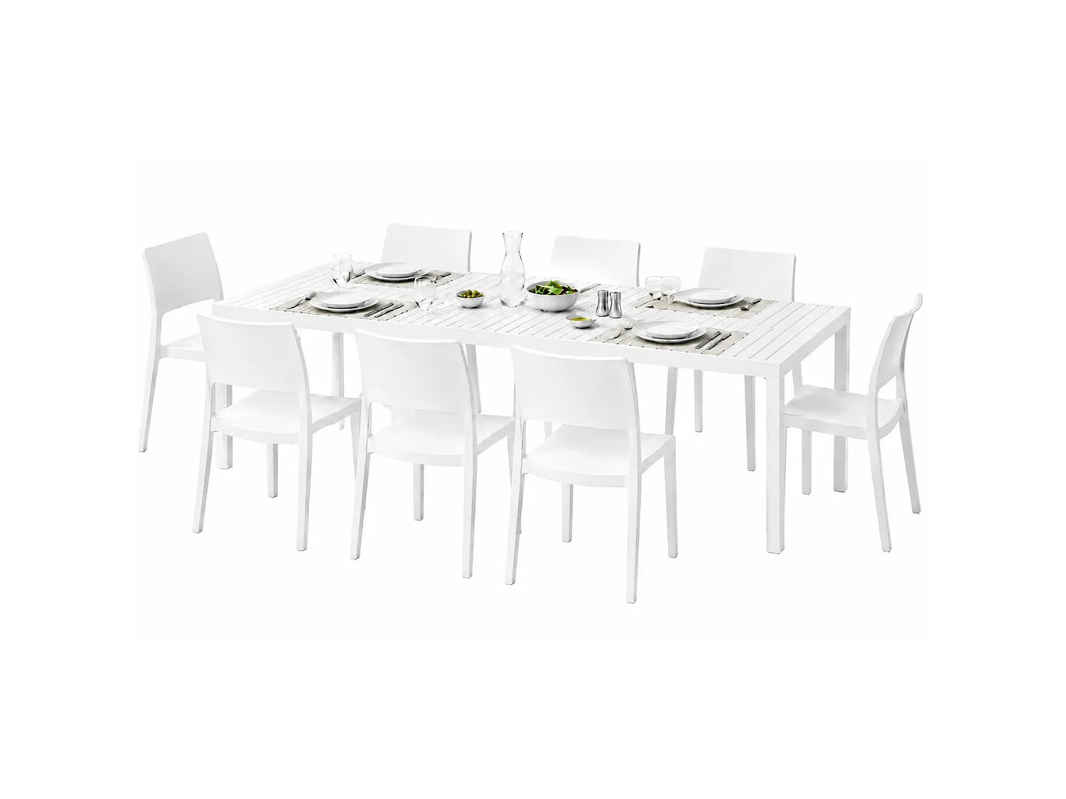 Ensemble Salon de Jardin Masibanno, 8 Places Made in Italy, Blanc, Salon Extérieur, Table Extensible, Finition Effet Lattes