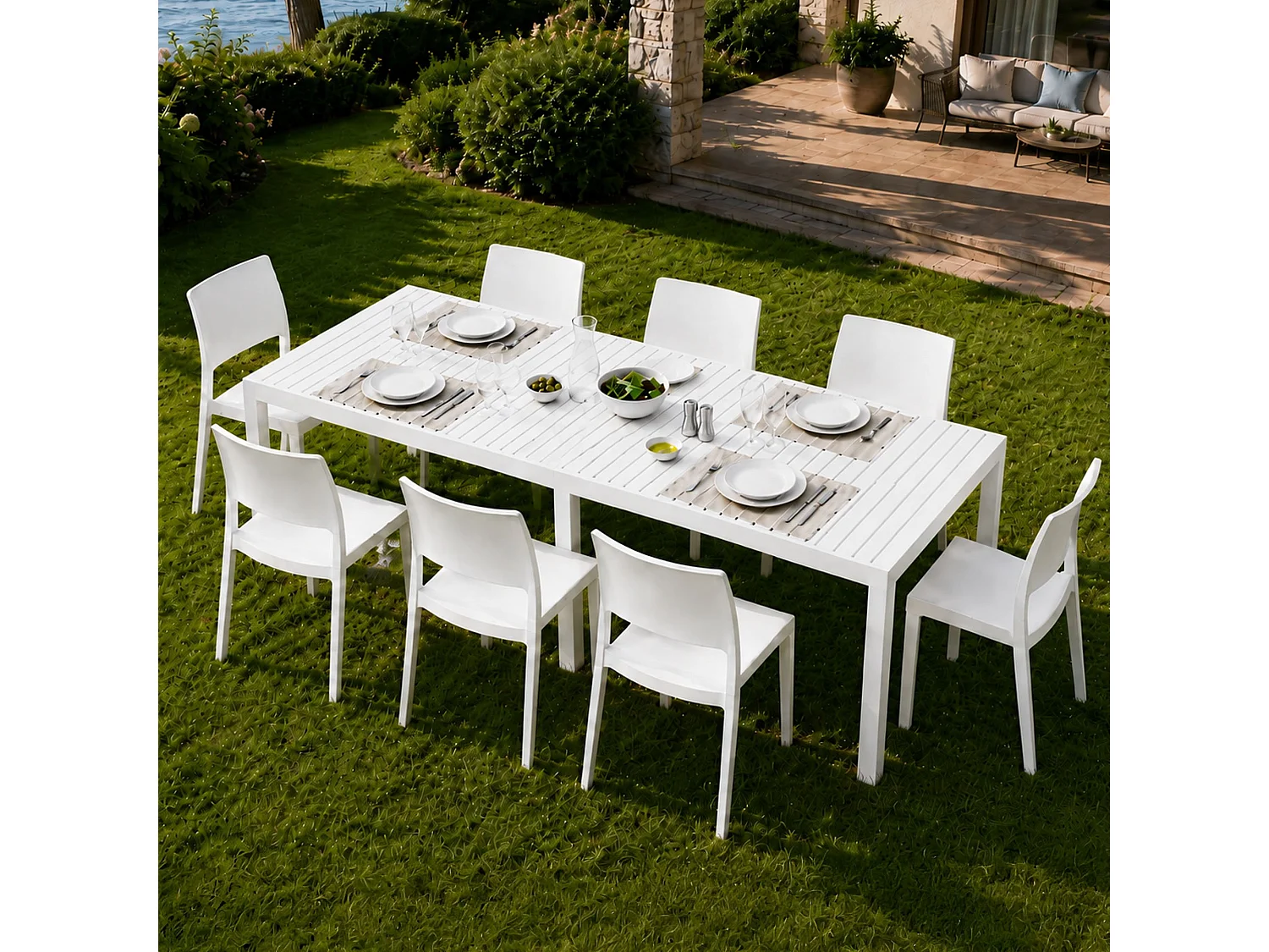 Ensemble Salon de Jardin Masibanno, 8 Places Made in Italy, Blanc, Salon Extérieur, Table Extensible, Finition Effet Lattes