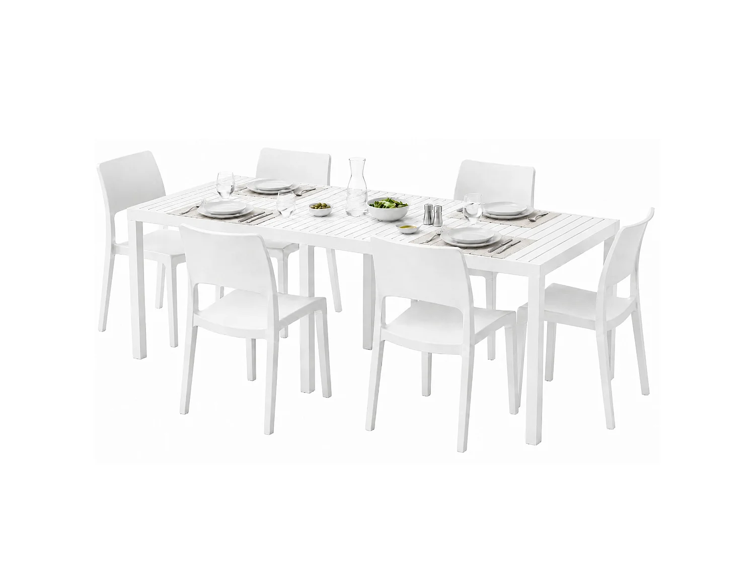 Set de salon extérieur Masetanno, 6 places Made in Italy, blanc, salon de jardin, table extensible, finition effet lattes