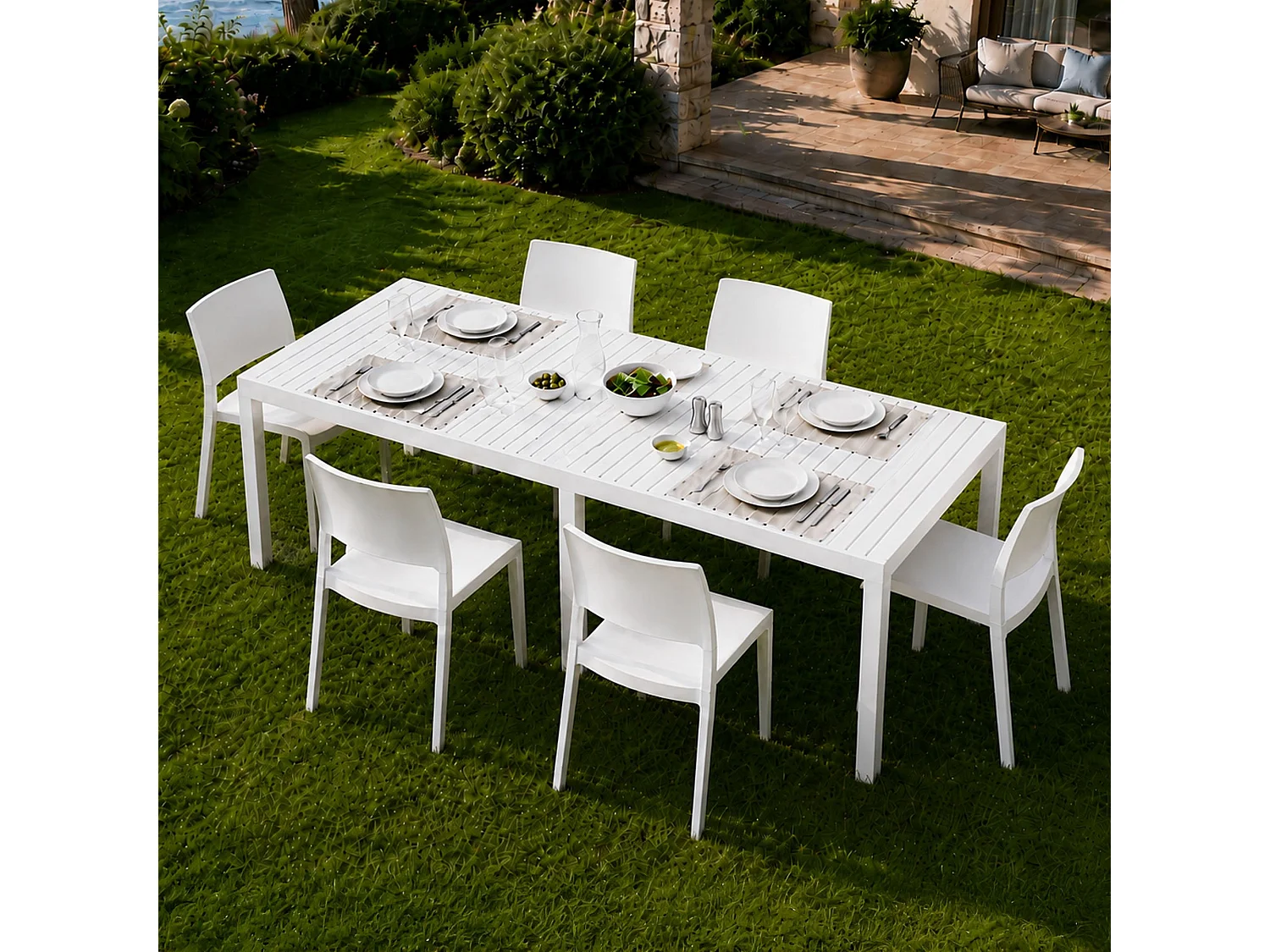 Set de salon extérieur Masetanno, 6 places Made in Italy, blanc, salon de jardin, table extensible, finition effet lattes