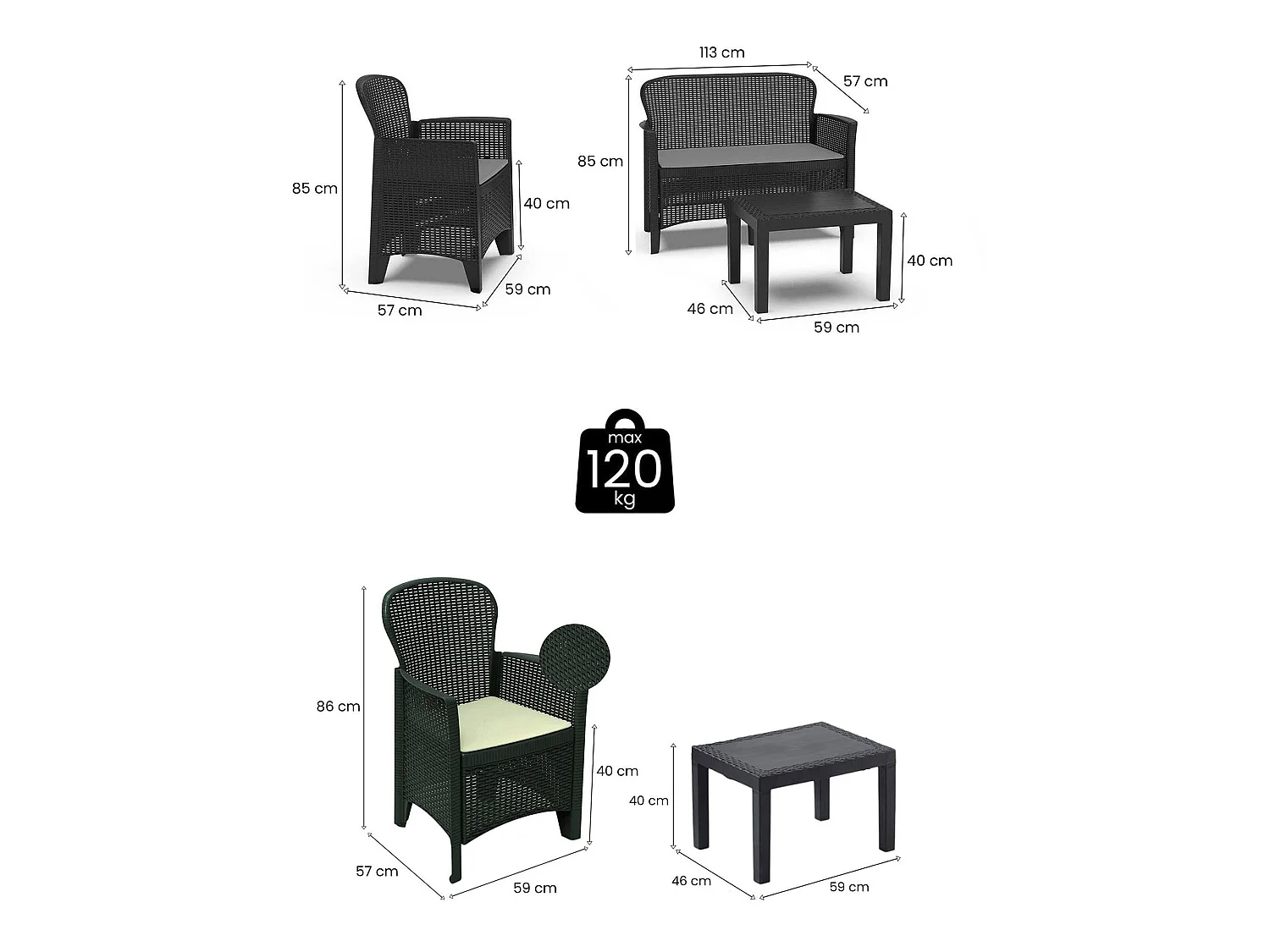Set Salotto da Esterno Curno, 6 Posti Made in Italy, Nero Antracite, Salottino Outdoor, 2 Tavolini, Impermeabile Idrorepellente