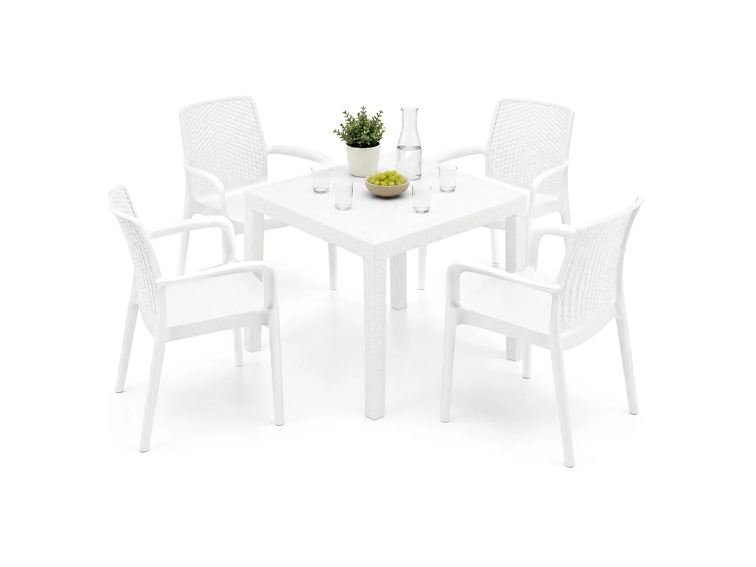 Set Salotto da Esterno Mataga, 4 Posti Made in Italy, Bianco, Salottino Outdoor, un Tavolino, Impermeabile Idrorepellente