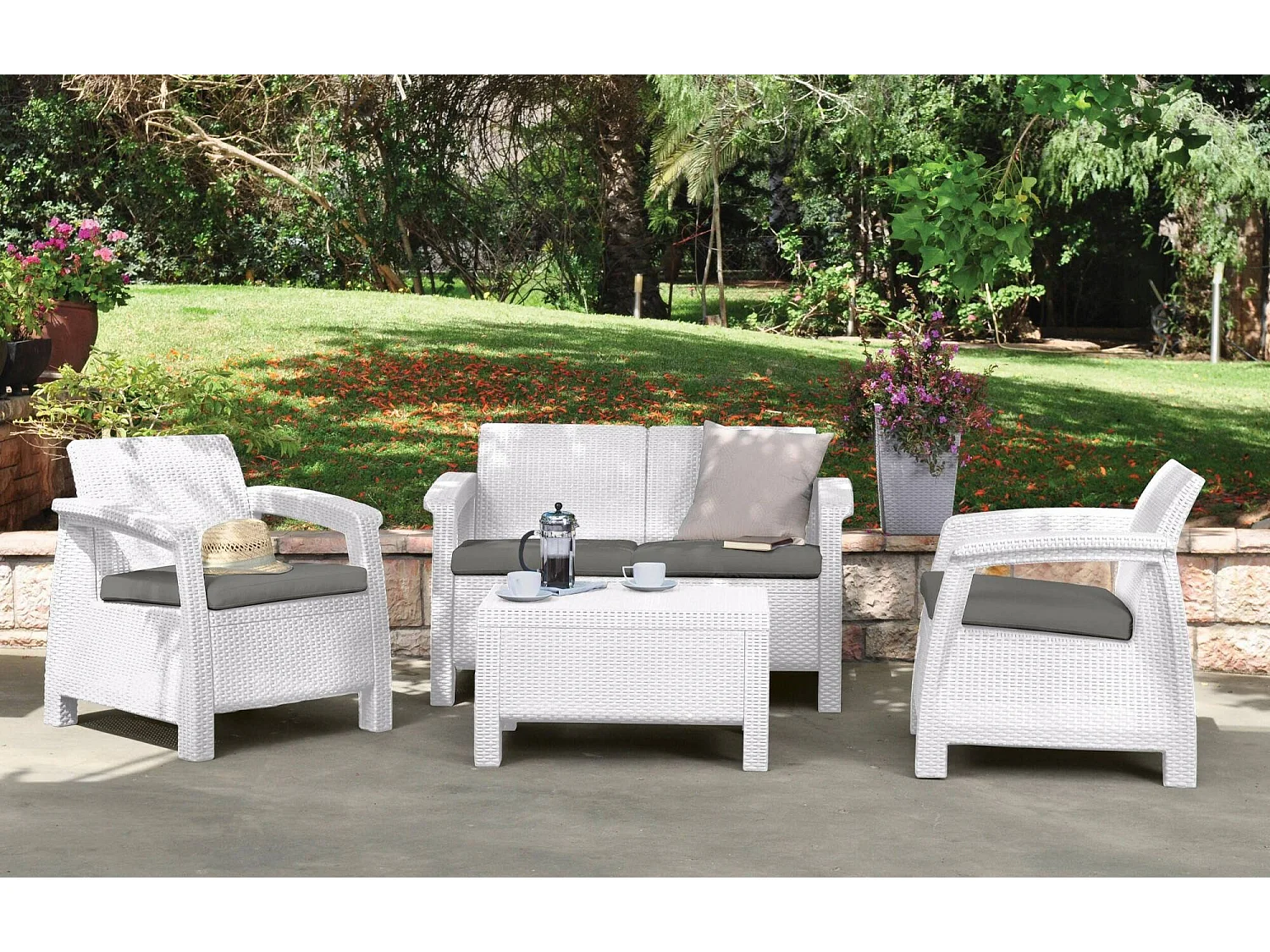 Ensemble de Salon d'Extérieur Nelson, 3 Places, Blanc, Petit Salon Outdoor