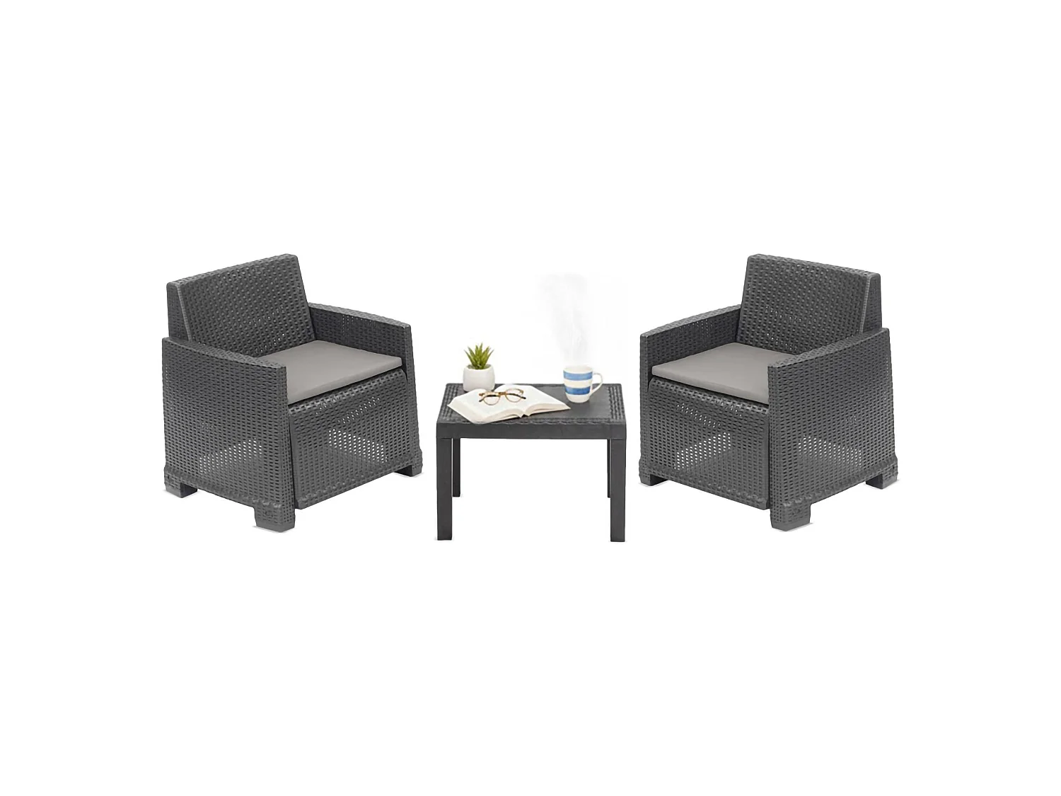 Rosta loungeset voor buiten, 2 zitplaatsen gemaakt in Italië, antracietzwart, buiten zithoek, een bijzettafel, tafel/bijzettafel