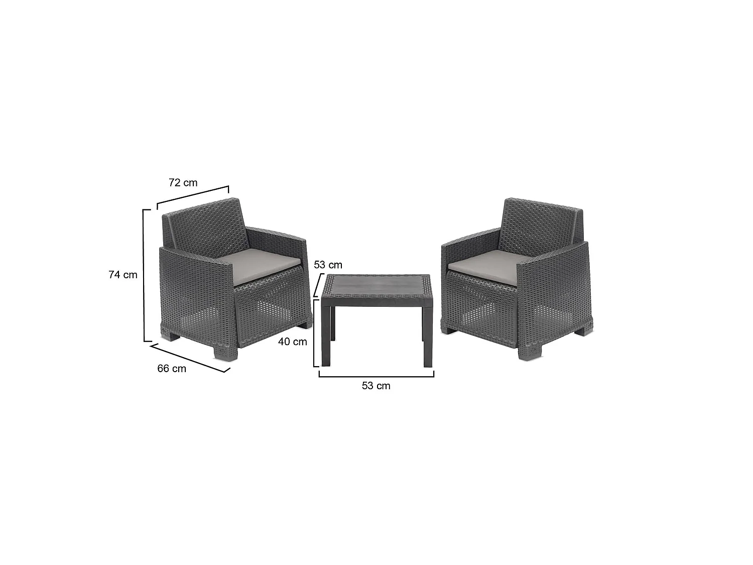 Rosta loungeset voor buiten, 2 zitplaatsen gemaakt in Italië, antracietzwart, buiten zithoek, een bijzettafel, tafel/bijzettafel