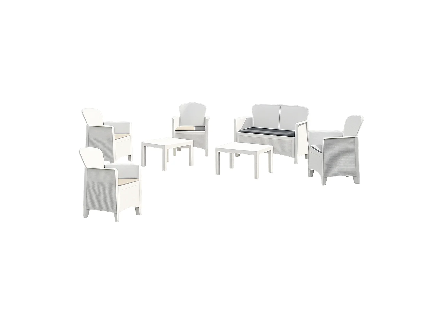 Set Salotto da Esterno Curno, 6 Posti Made in Italy, Bianco, Salottino Outdoor, 2 Tavolini, Beige