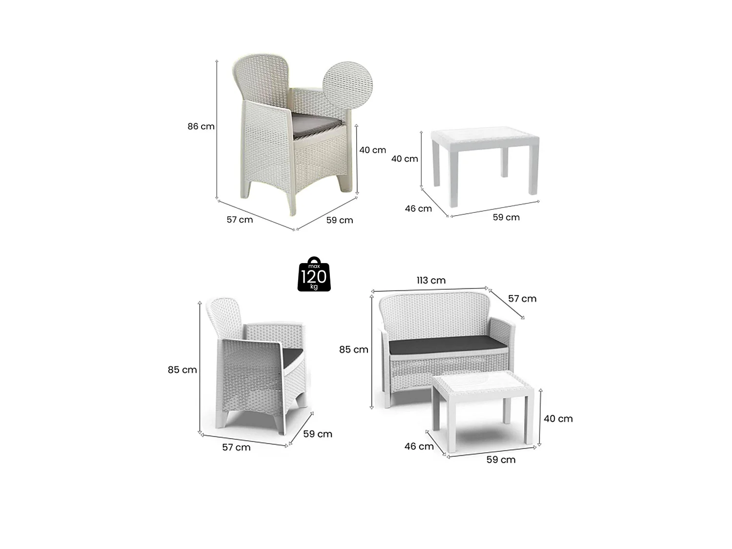 Set Salotto da Esterno Curno, 6 Posti Made in Italy, Bianco, Salottino Outdoor, 2 Tavolini, Beige