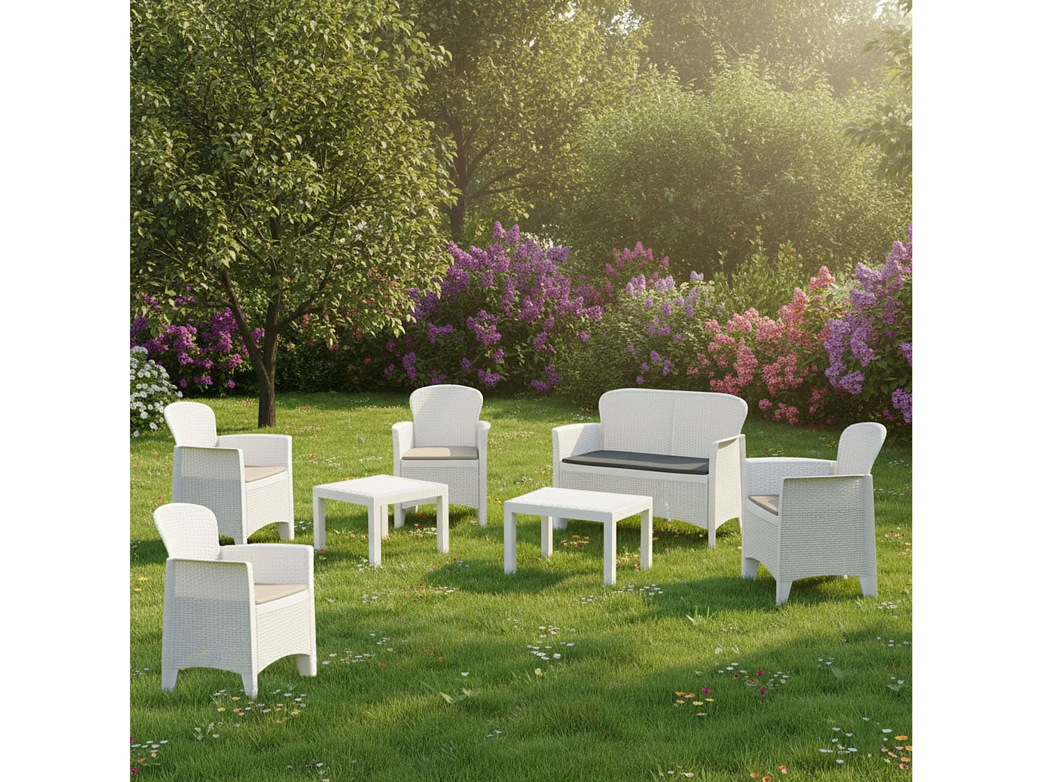 Set Salotto da Esterno Curno, 6 Posti Made in Italy, Bianco, Salottino Outdoor, 2 Tavolini, Beige