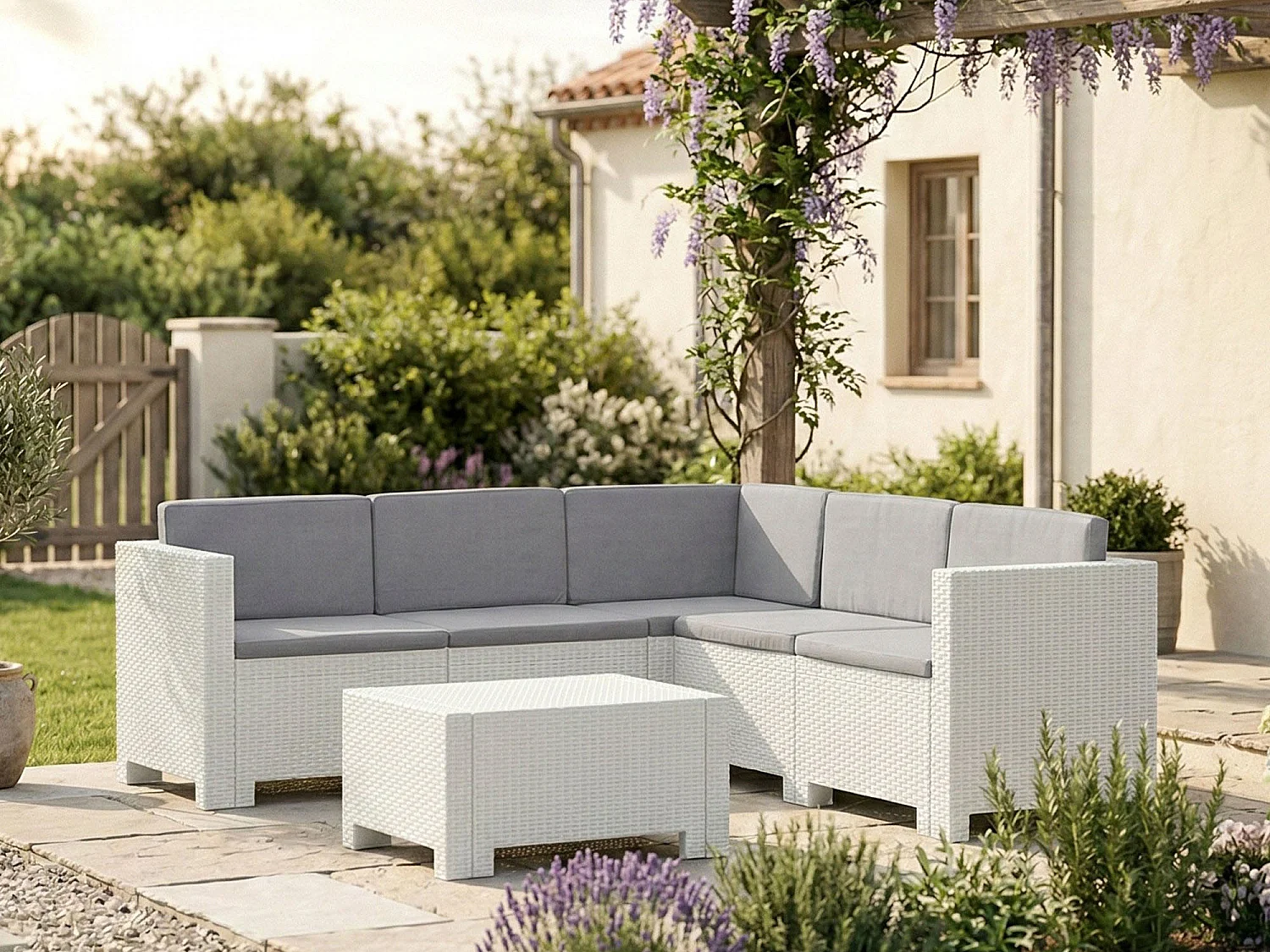 Salon de Jardin Camerota, 5 Places Made in Italy, Blanc, Salon Outdoor