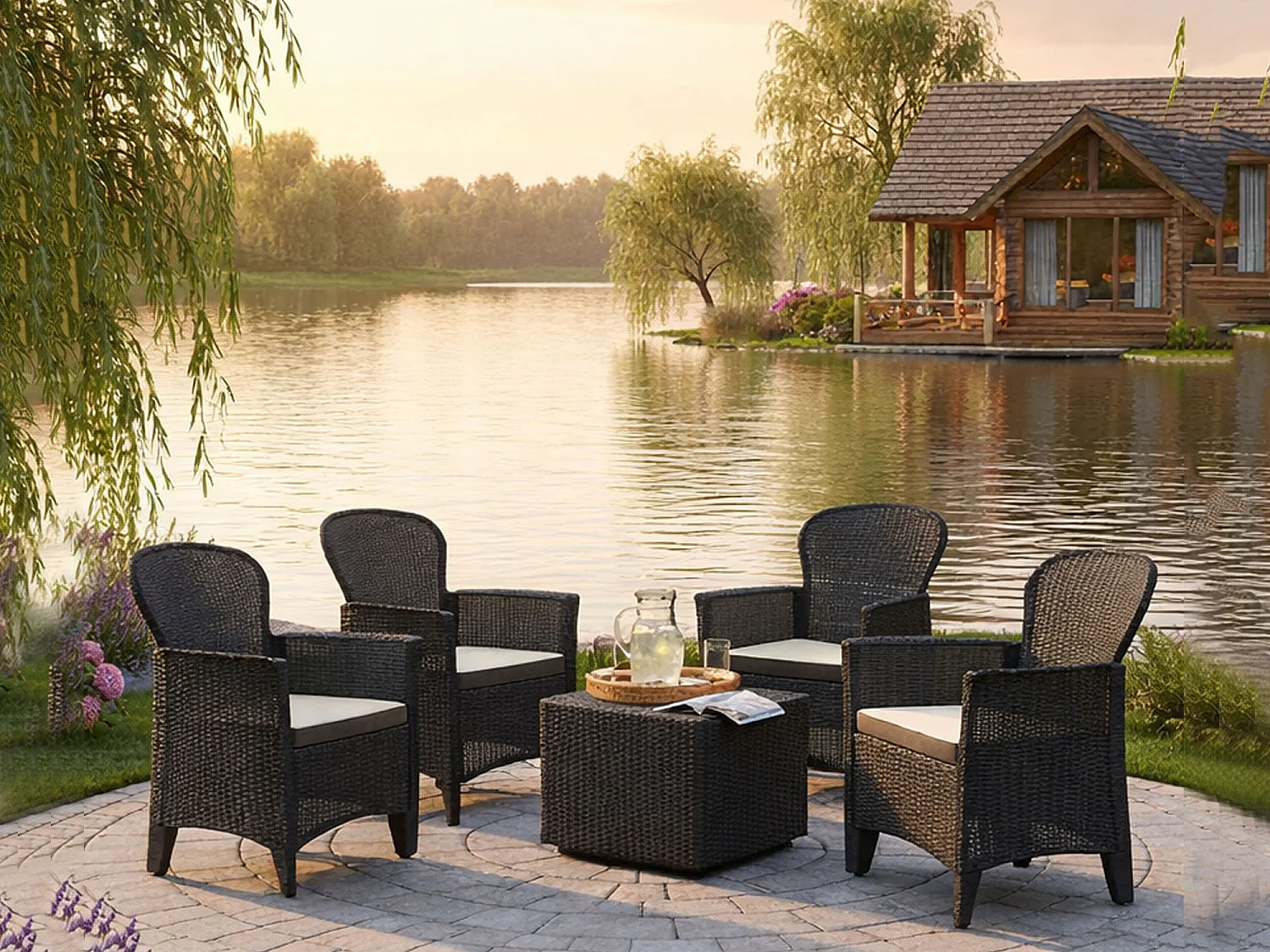 Set Salotto da Esterno Sulzano, 4 Posti Made in Italy, Nero Antracite, Salottino Outdoor