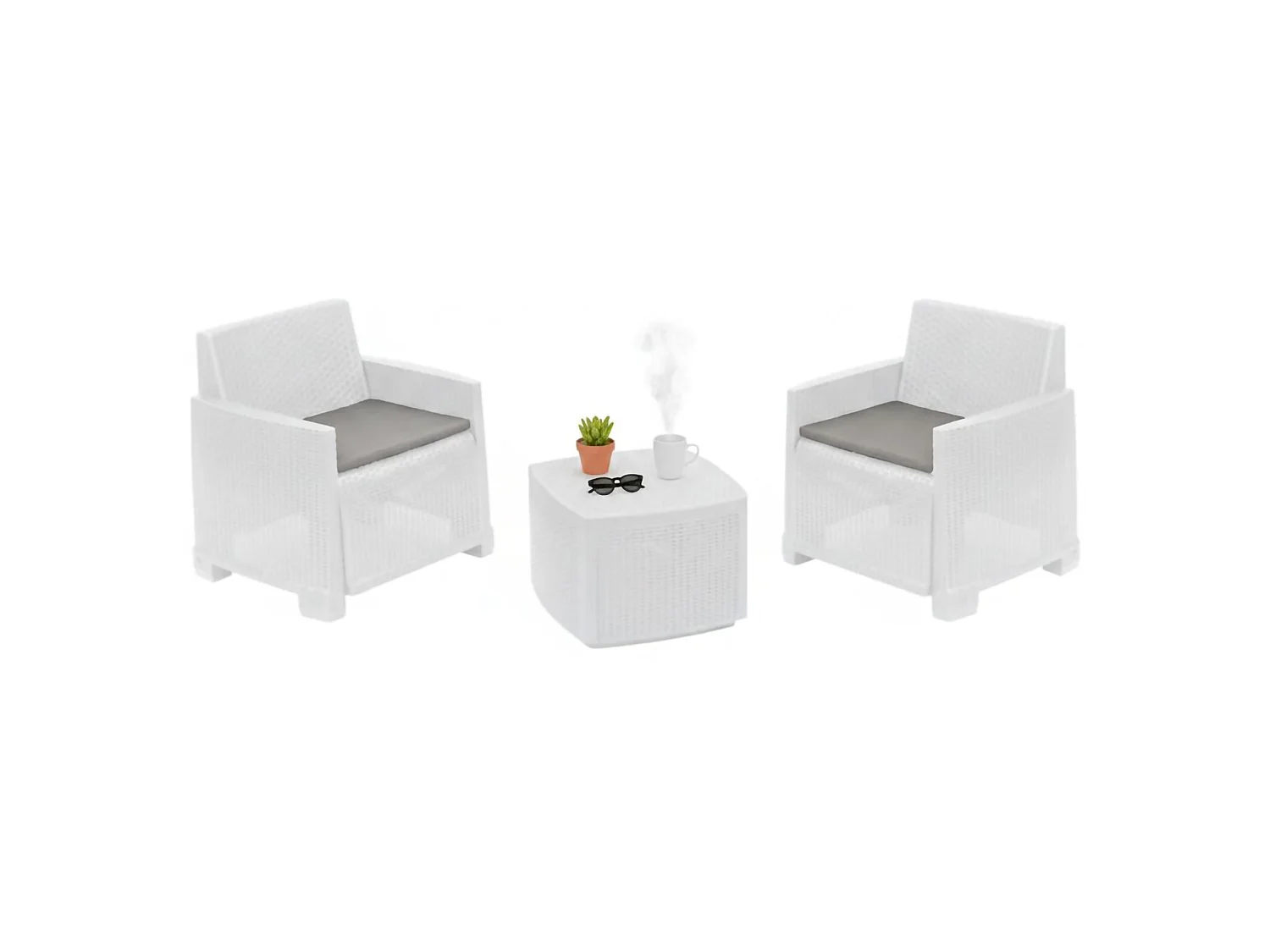 Outdoor-Sitzgruppe Ari, 2-Sitzer, Made in Italy, Weiß, Outdoor-Lounge, ein Tisch, quadratischer Tisch