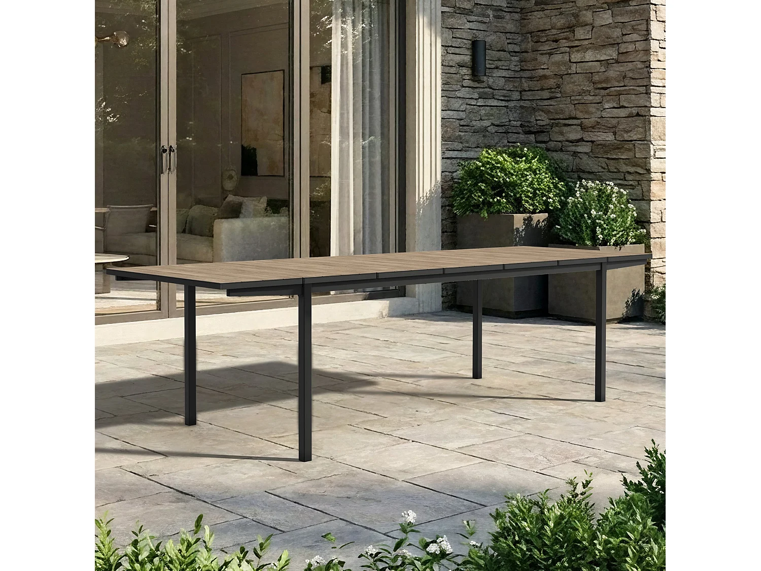 Tavolo da Esterno Hannibal, 12 Posti, 267x90x76h cm Marrone Noce, Meccanismo Estensione Allunghe Laterali, Finitura Effetto Legno