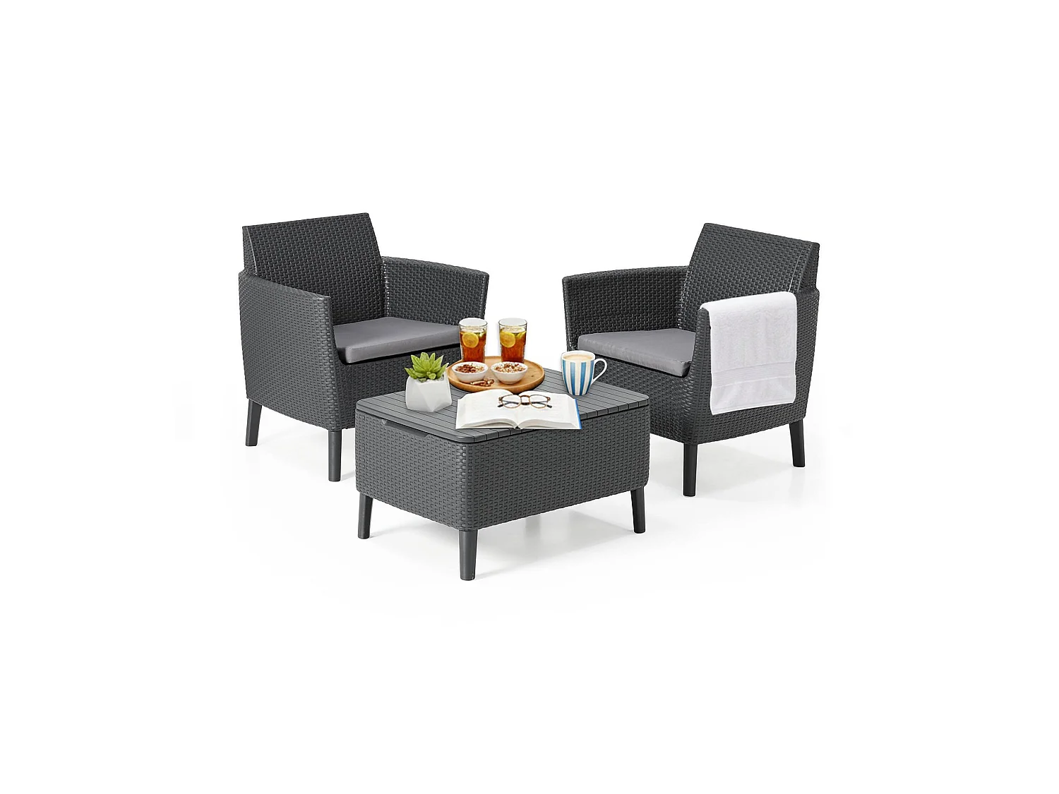 Granbyy loungeset voor buiten, 2-zits, antracietzwart, buitenzithoek, met bijzettafel, opbergbijzettafel