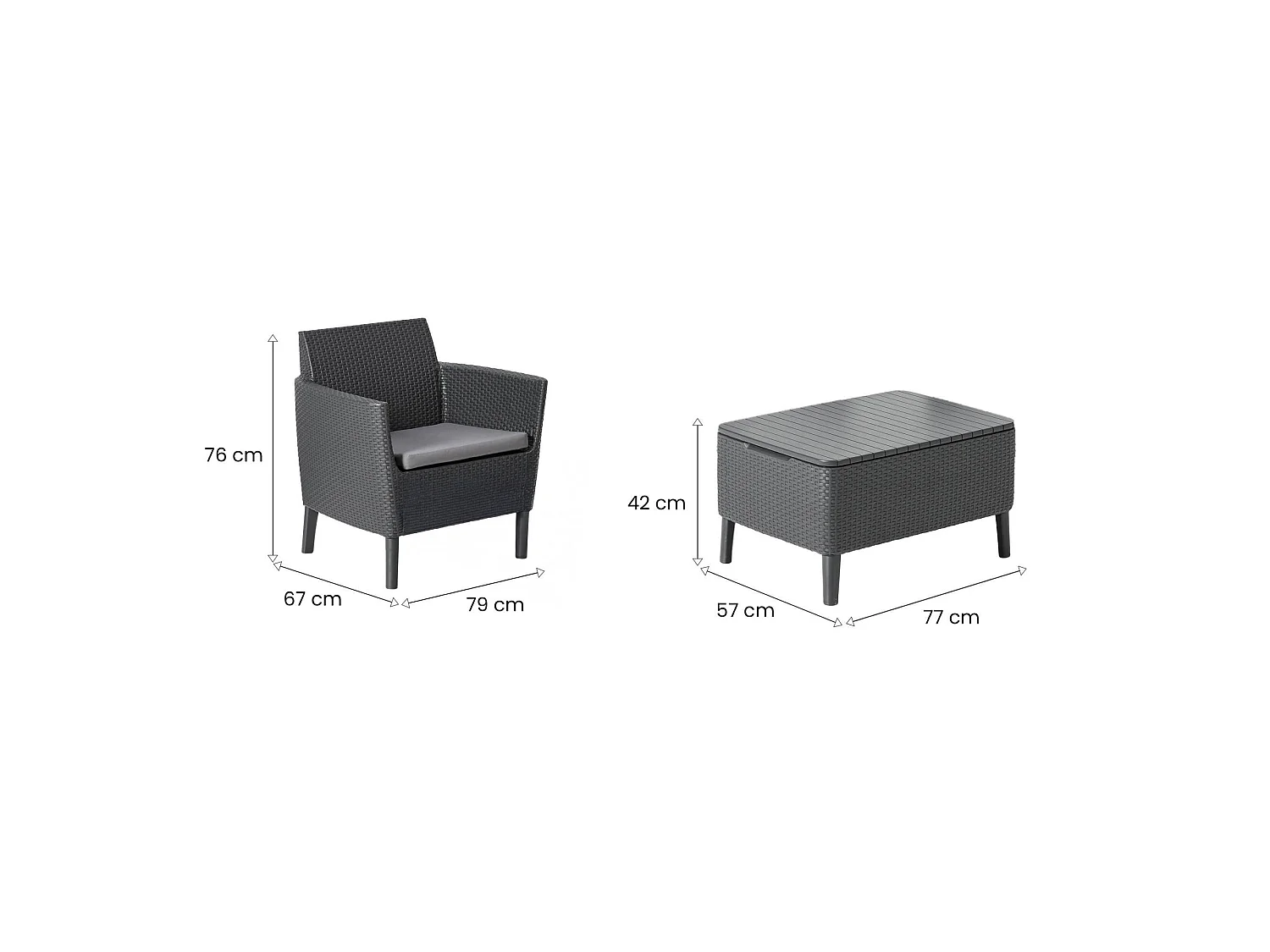 Granbyy loungeset voor buiten, 2-zits, antracietzwart, buitenzithoek, met bijzettafel, opbergbijzettafel
