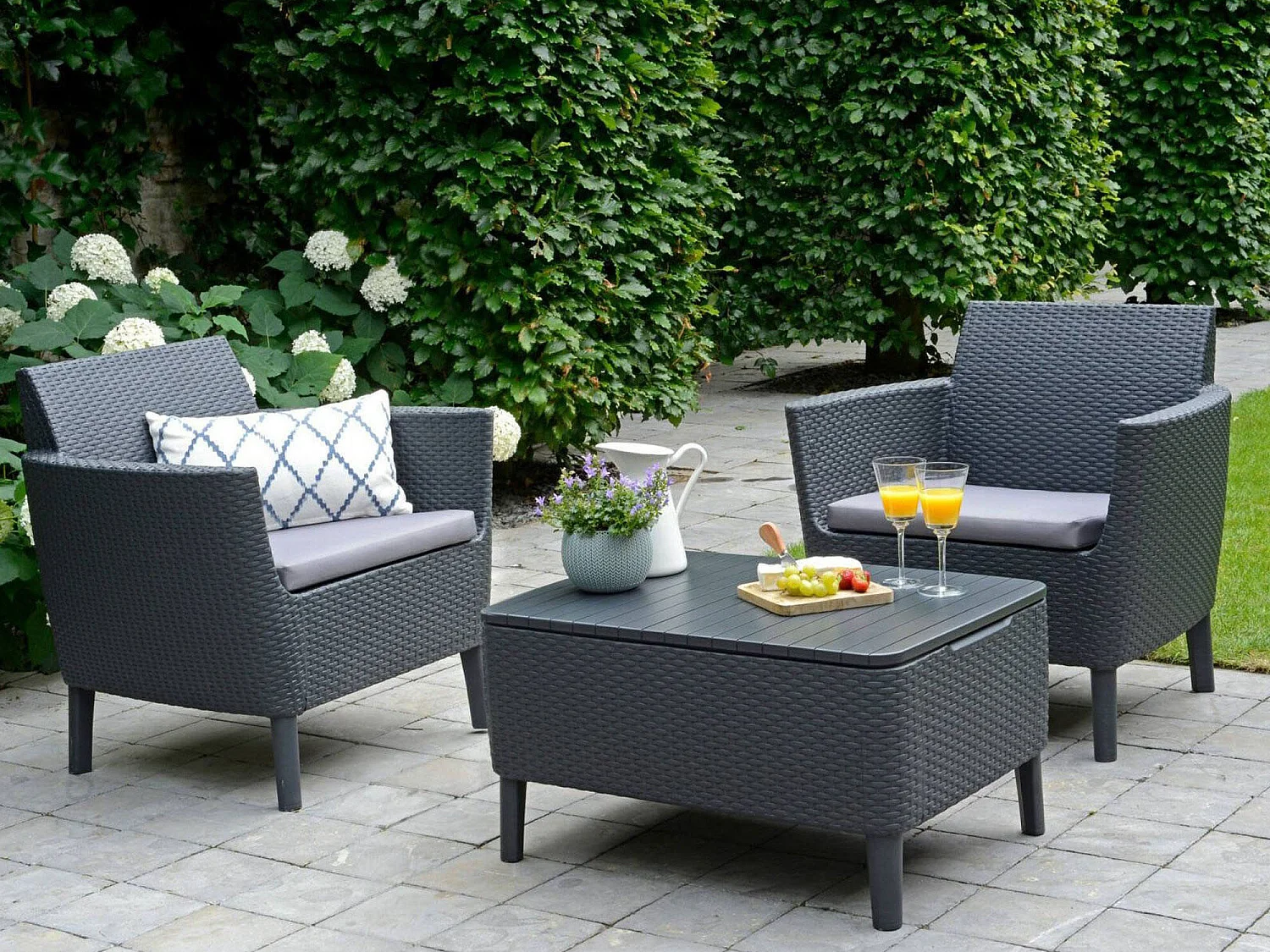 Granbyy loungeset voor buiten, 2-zits, antracietzwart, buitenzithoek, met bijzettafel, opbergbijzettafel