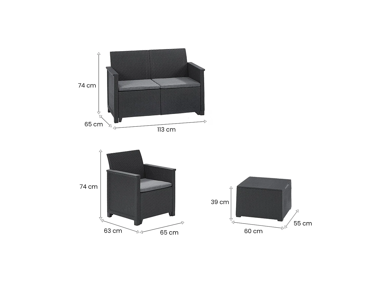 Orillia loungeset voor buiten, 3 zitplaatsen, antracietzwart, buiten zithoek, 1 bijzettafel met opbergruimte